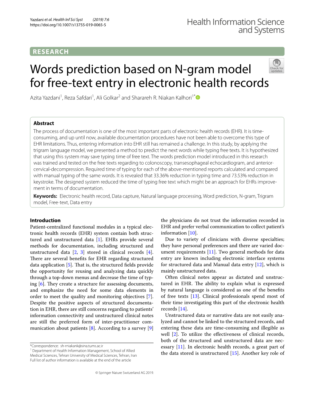 Words Prediction Based on N-Gram Model for Free-Text Entry in Electronic Health Records