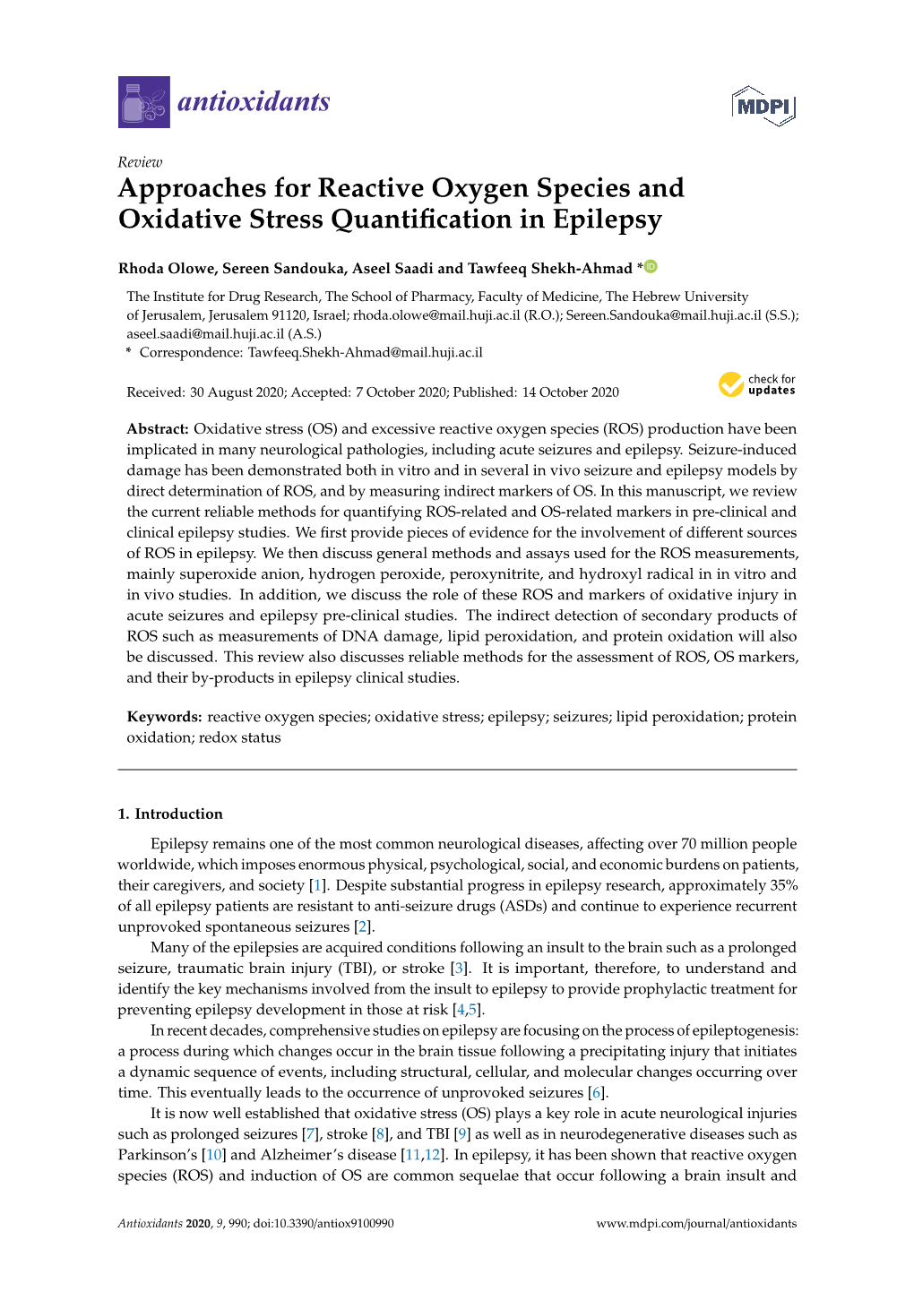 Approaches for Reactive Oxygen Species and Oxidative Stress Quantiﬁcation in Epilepsy