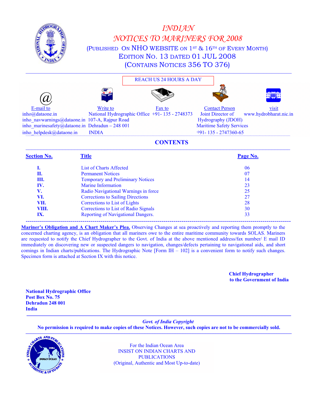 Indian Notices to Mariners for 2008 (Published on Nho Website on 1St & 16Th of Every Month) Edition No