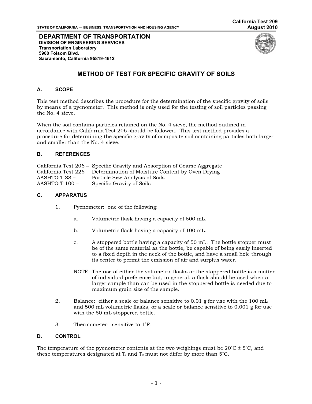 Method of Test for Specific Gravity of Soils