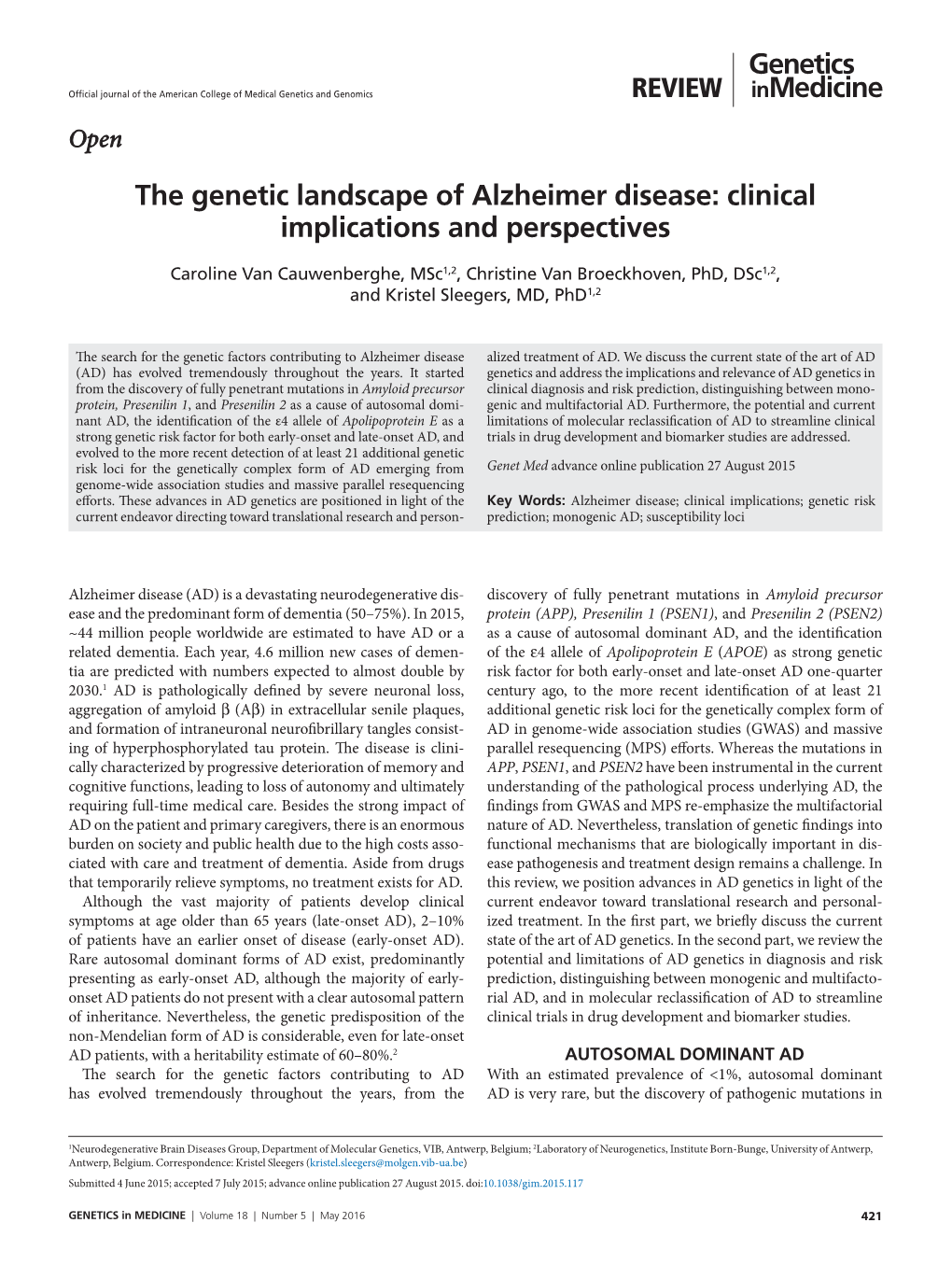 The Genetic Landscape of Alzheimer Disease: Clinical Implications and Perspectives