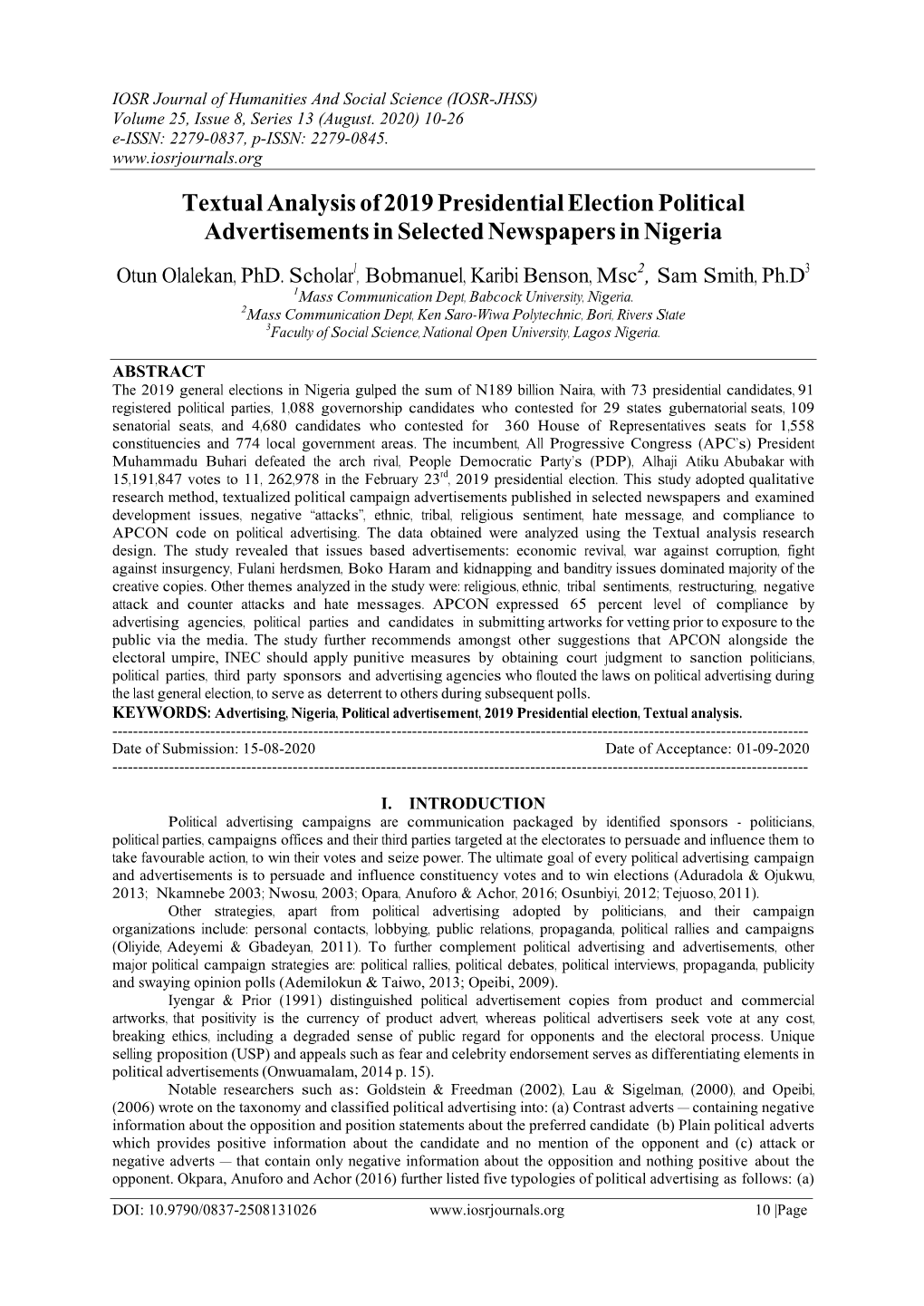 Textual Analysis of 2019 Presidential Election Political Advertisements in Selected Newspapers in Nigeria