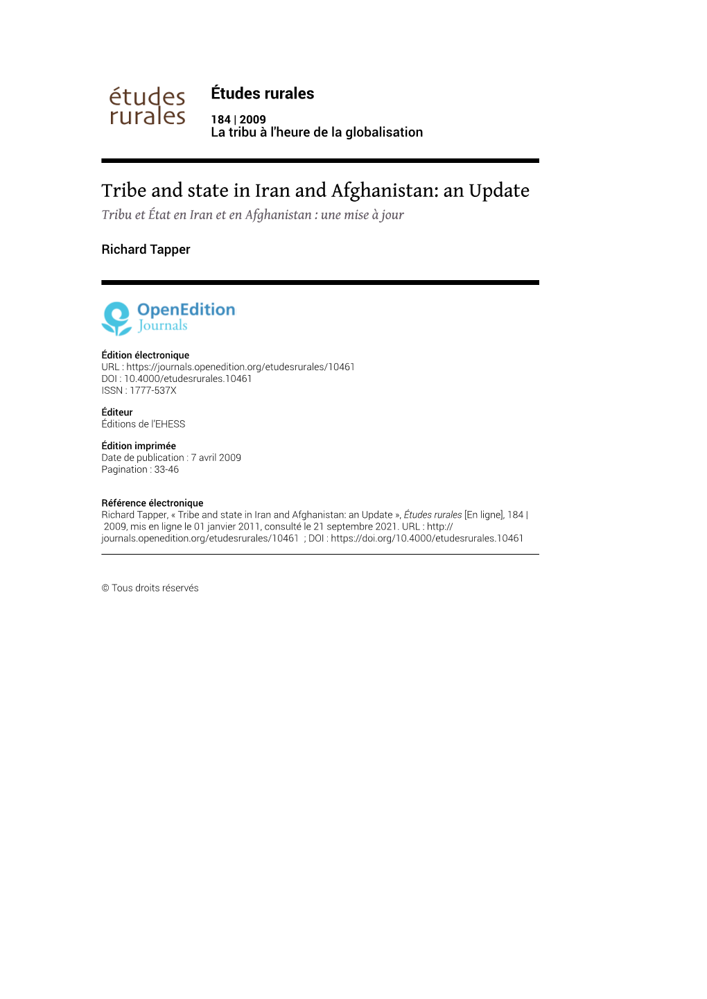 Tribe and State in Iran and Afghanistan: an Update Tribu Et État En Iran Et En Afghanistan : Une Mise À Jour