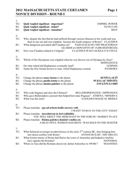 2011 MASSACHUSETTS STATE CERTAMEN Page 1 NOVICE DIVISION - ROUND I