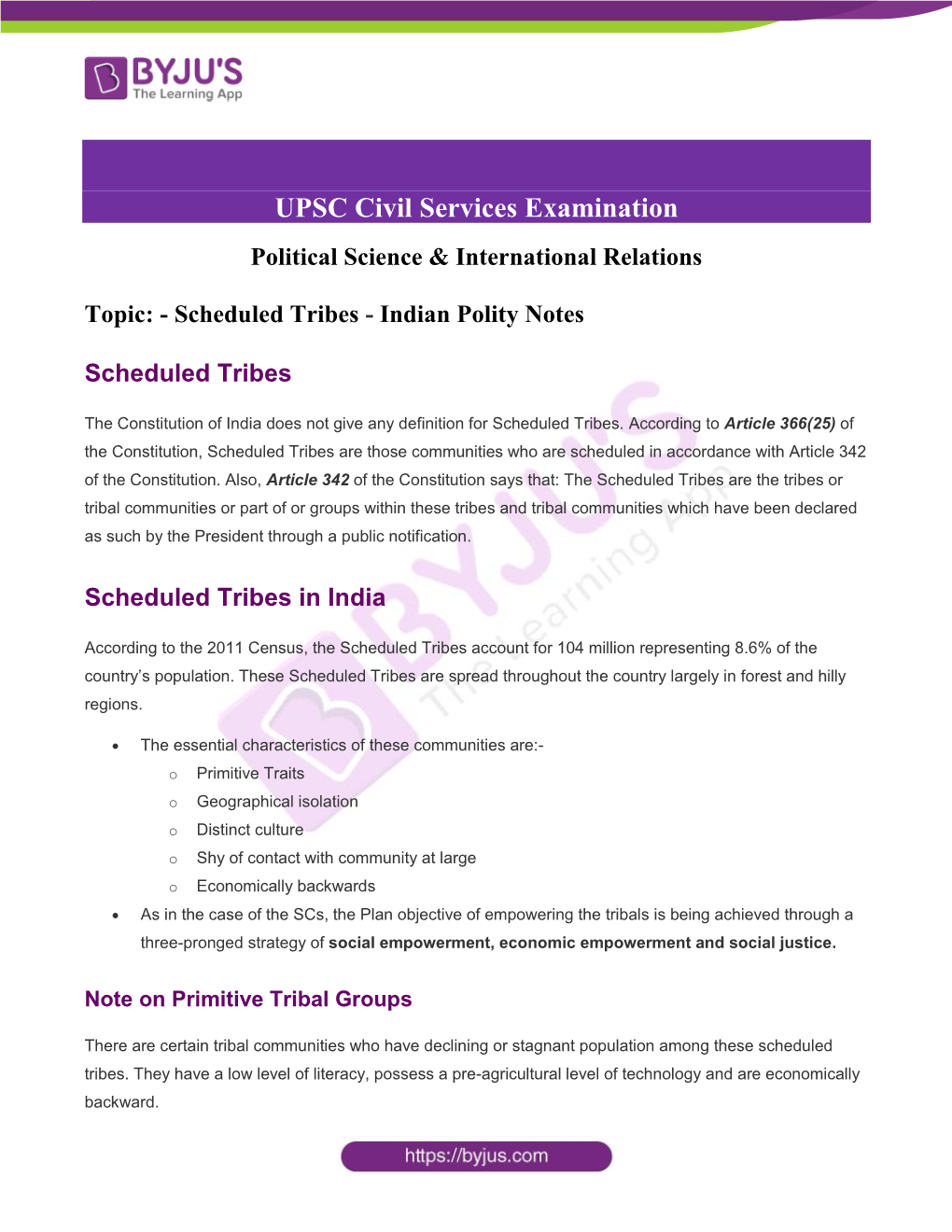 Scheduled Tribes - Indian Polity Notes