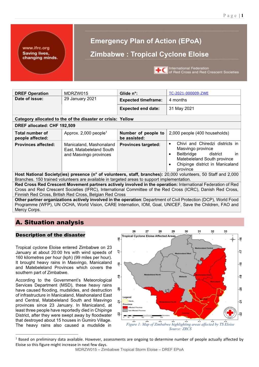 Emergency Plan of Action (Epoa) Zimbabwe : Tropical Cyclone Eloise