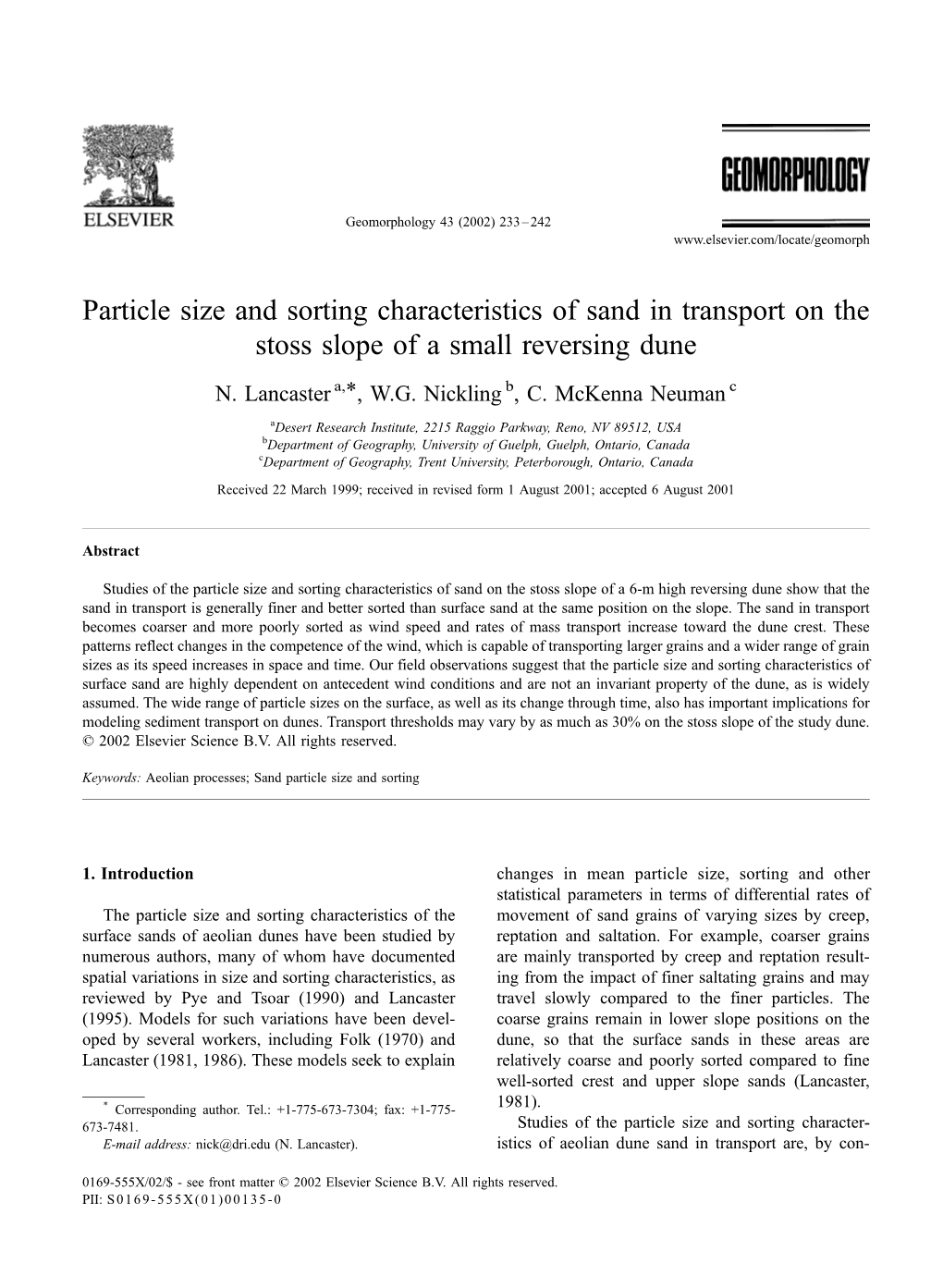 Particle Size and Sorting Characteristics of Sand in Transport on the Stoss Slope of a Small Reversing Dune