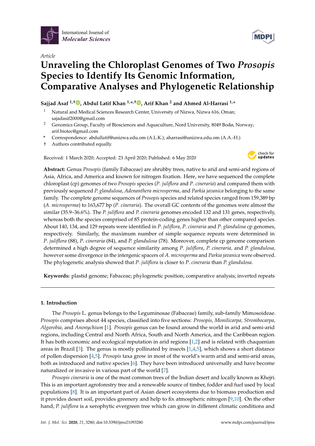 Unraveling the Chloroplast Genomes of Two Prosopis Species to Identify Its Genomic Information, Comparative Analyses and Phylogenetic Relationship