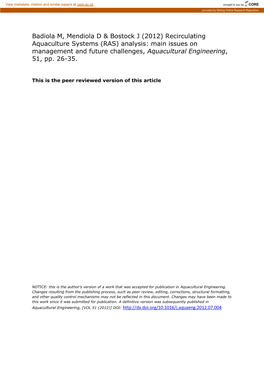 Recirculating Aquaculture Systems (RAS) Analysis: Main Issues on Management and Future Challenges, Aquacultural Engineering, 51, Pp