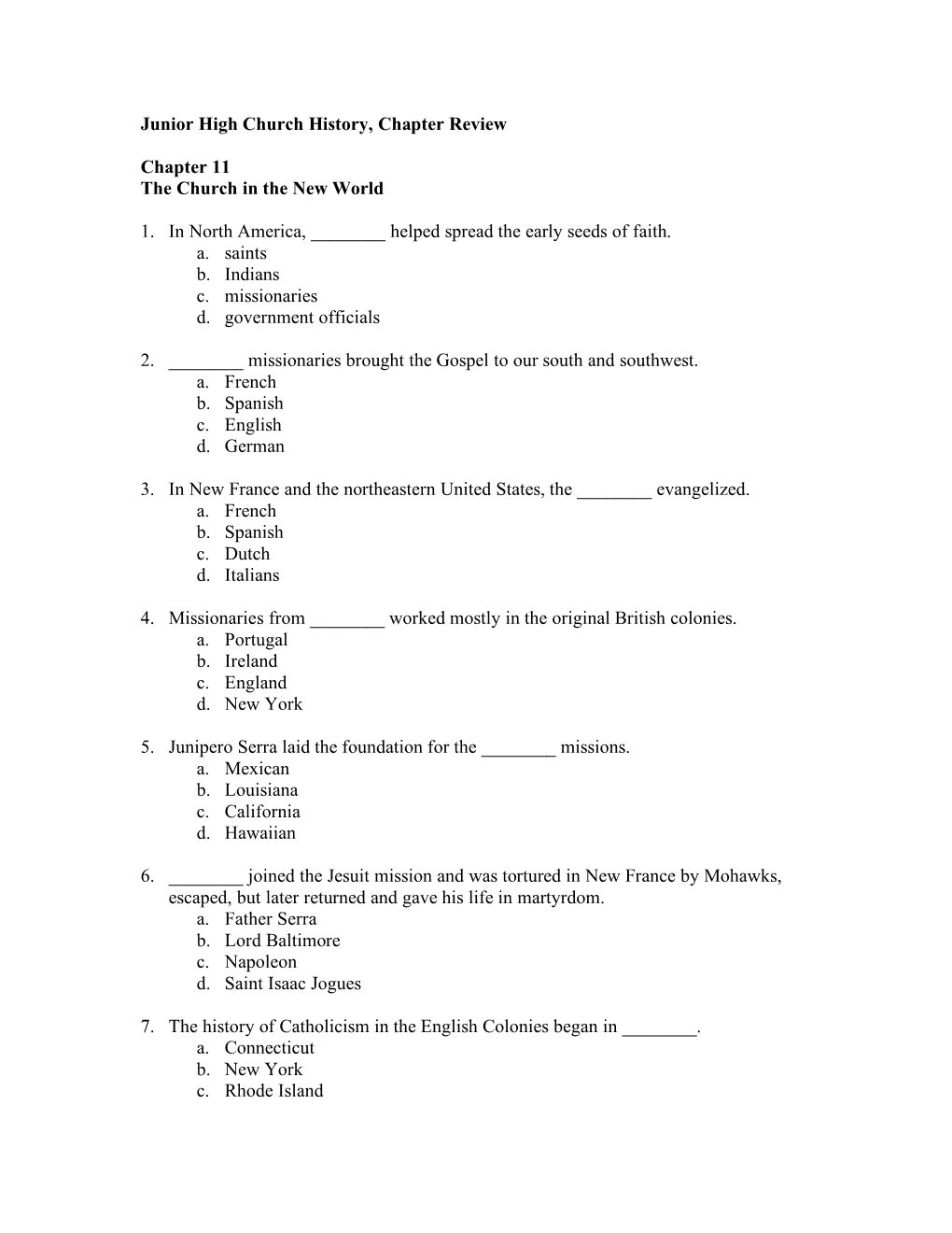 Junior High Church History, Chapter Review Chapter 11