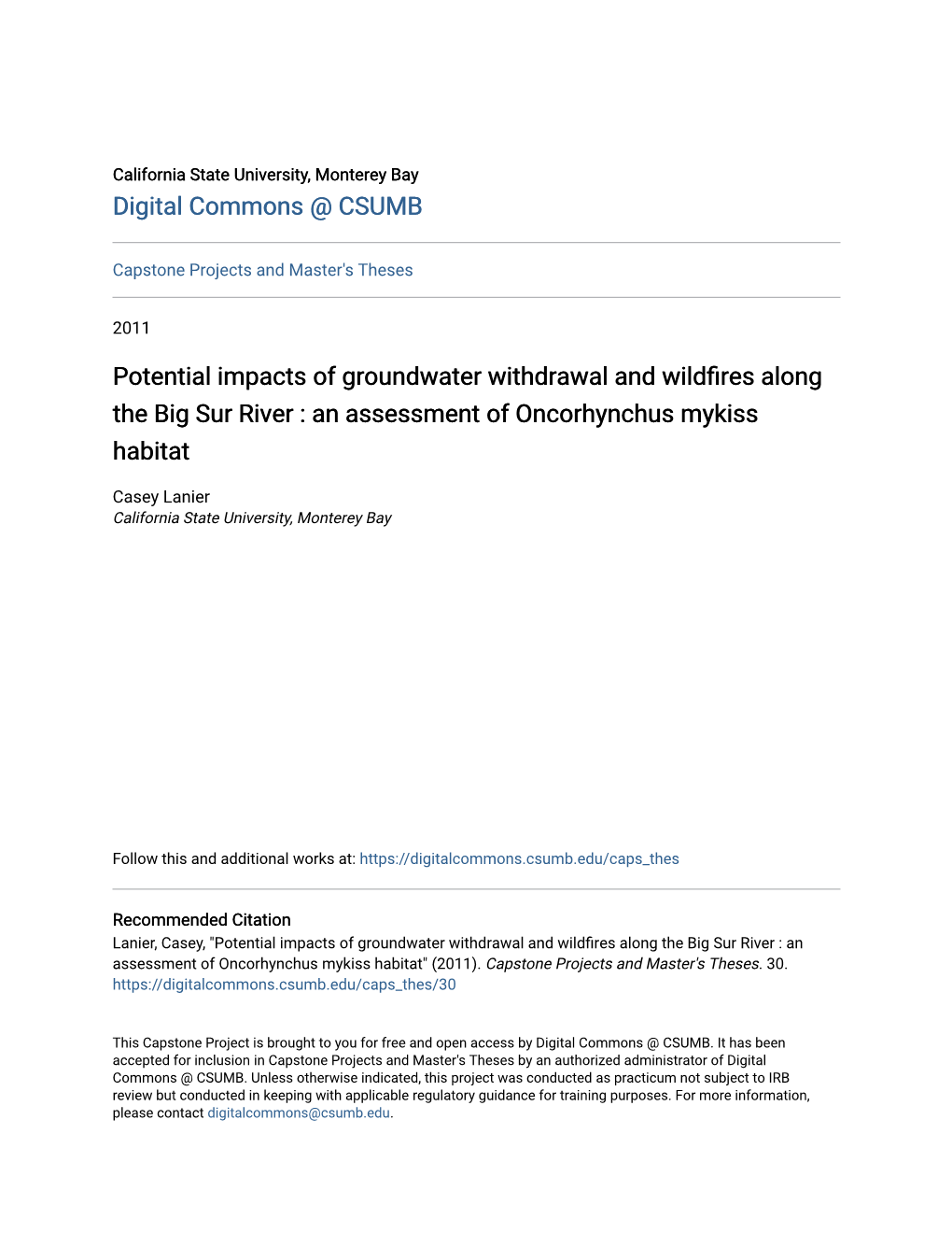 Potential Impacts of Groundwater Withdrawal and Wildfires Along the Big Sur River : an Assessment of Oncorhynchus Mykiss Habitat