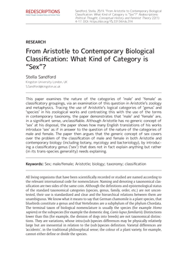 From Aristotle to Contemporary Biological Classification: What Kind of Category Is “Sex”? Stella Sandford Kingston University London, UK S.Sandford@Kingston.Ac.Uk