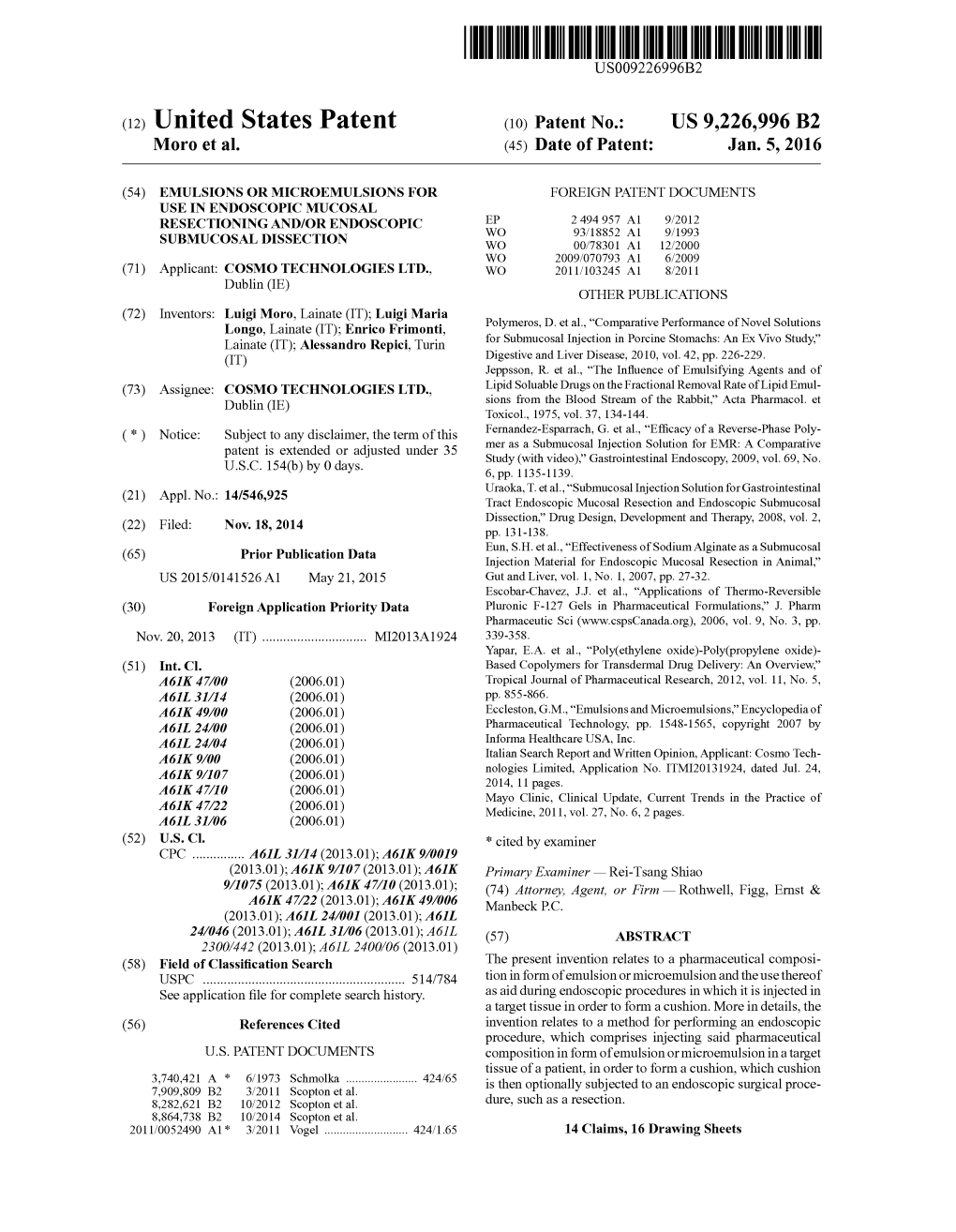 (12) United States Patent (10) Patent No.: US 9.226,996 B2 Moro Et Al