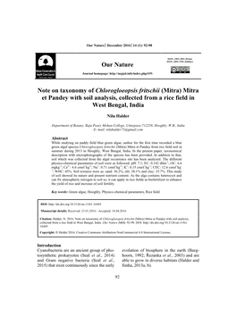 Our N Note on Taxonomy of Chlorogl Et Pandey with Soil Analysis, West