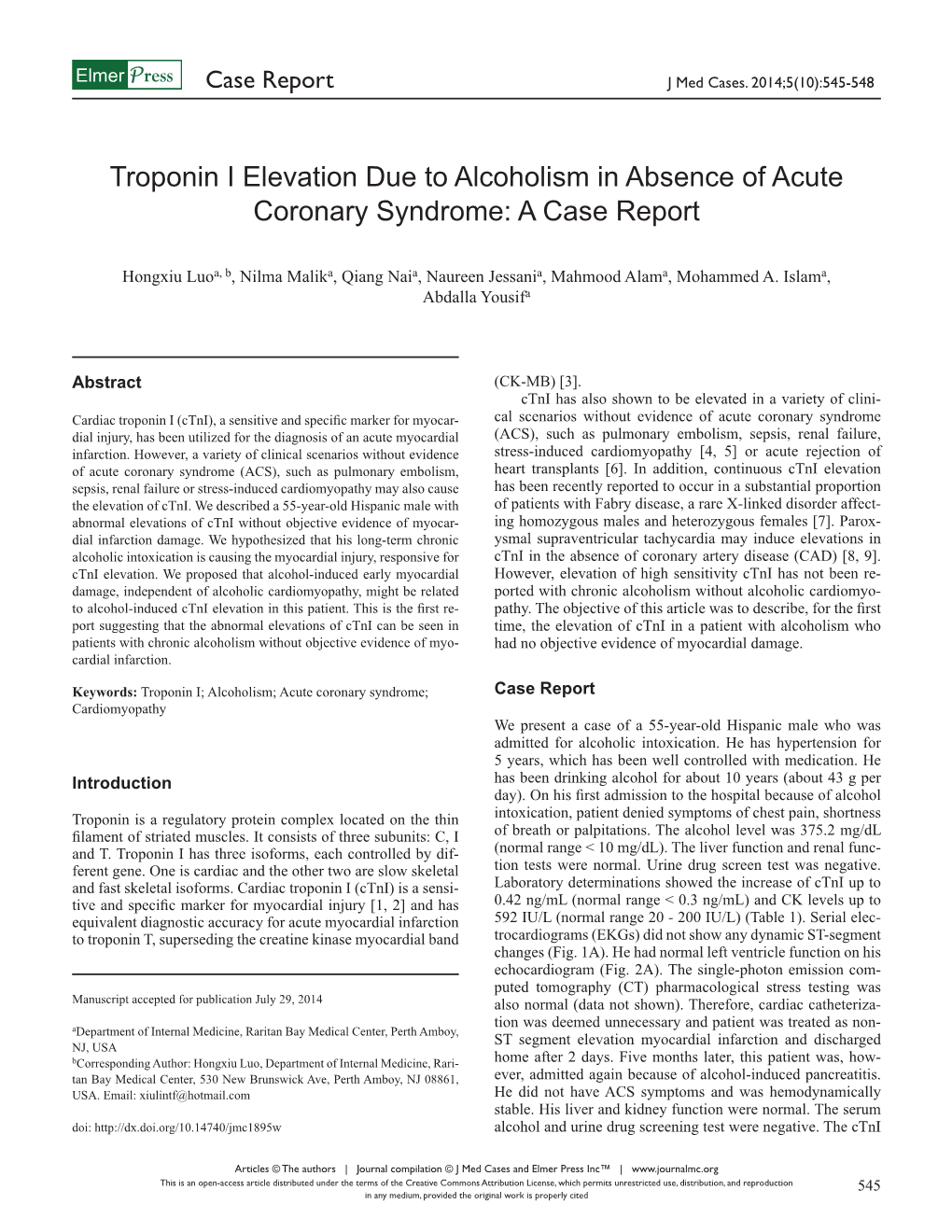 Troponin I Elevation Due to Alcoholism in Absence of Acute Coronary Syndrome: a Case Report