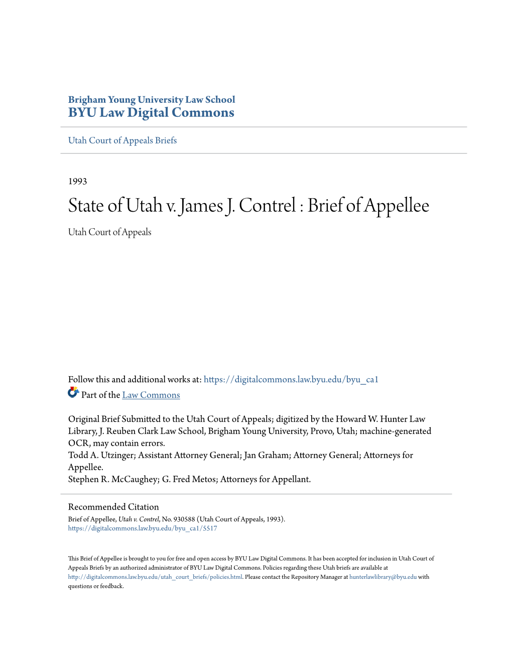 State of Utah V. James J. Contrel : Brief of Appellee Utah Court of Appeals