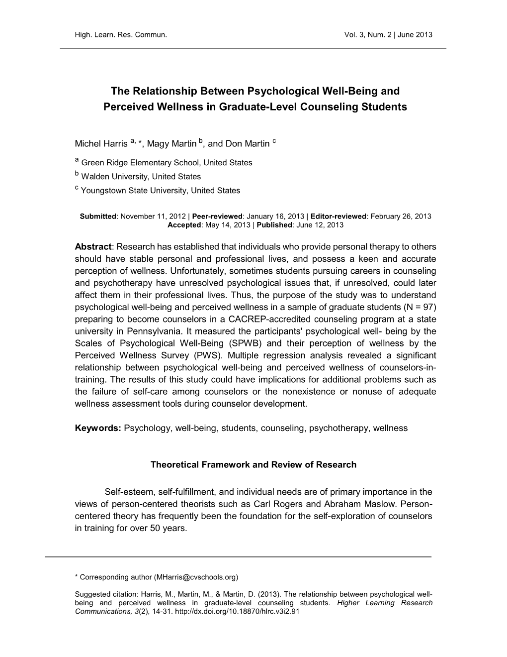 The Relationship Between Psychological Well-Being and Perceived Wellness in Graduate-Level Counseling Students