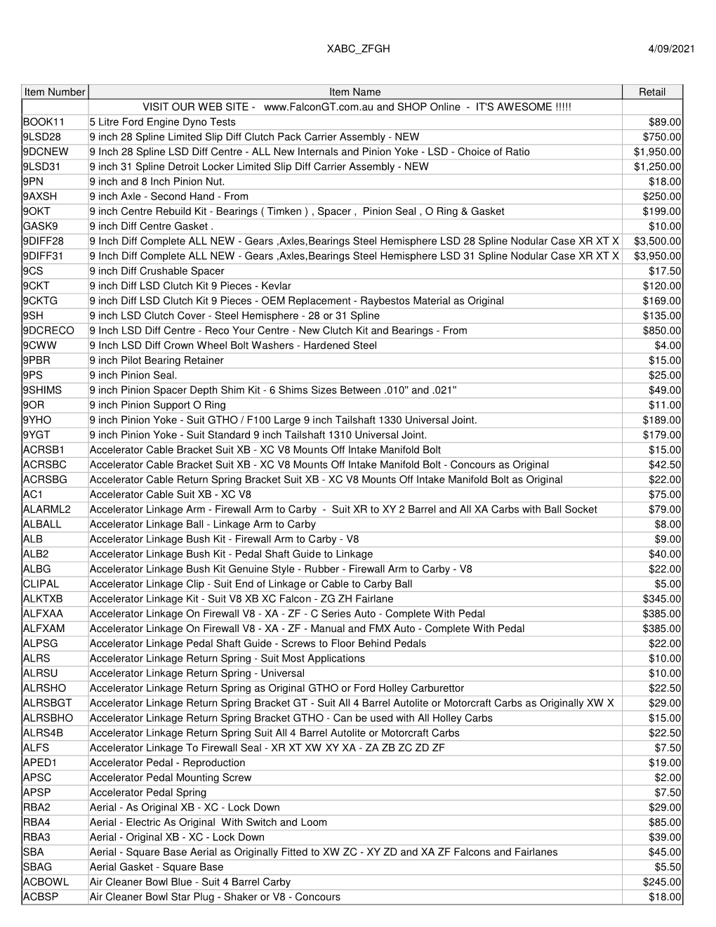 2/03/2021 XABC ZFGH Page 1 Item Number Item Name Retail *WEB SITE VISIT OUR WEB SITE