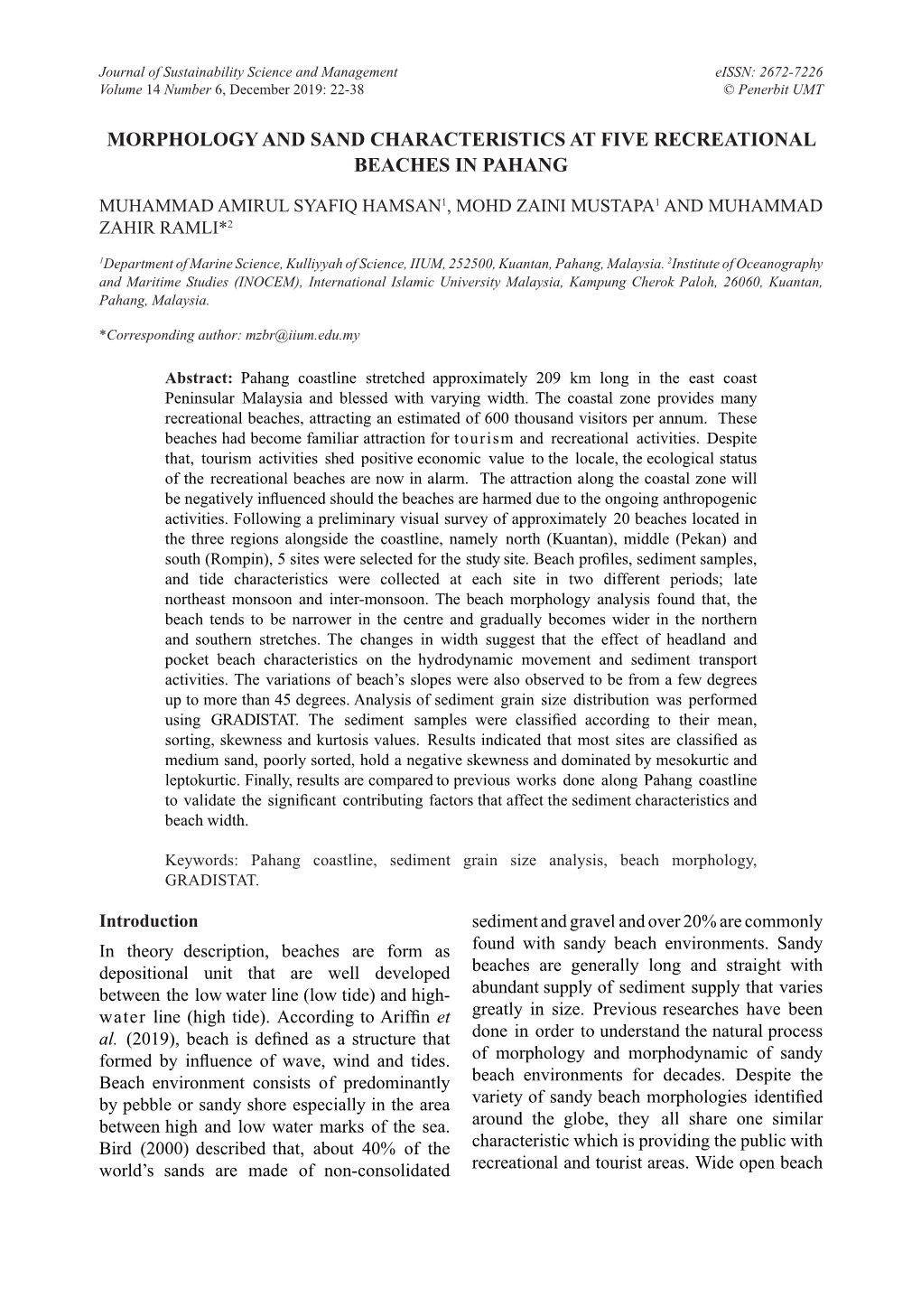 Morphology and Sand Characteristics at Five Recreational Beaches in Pahang