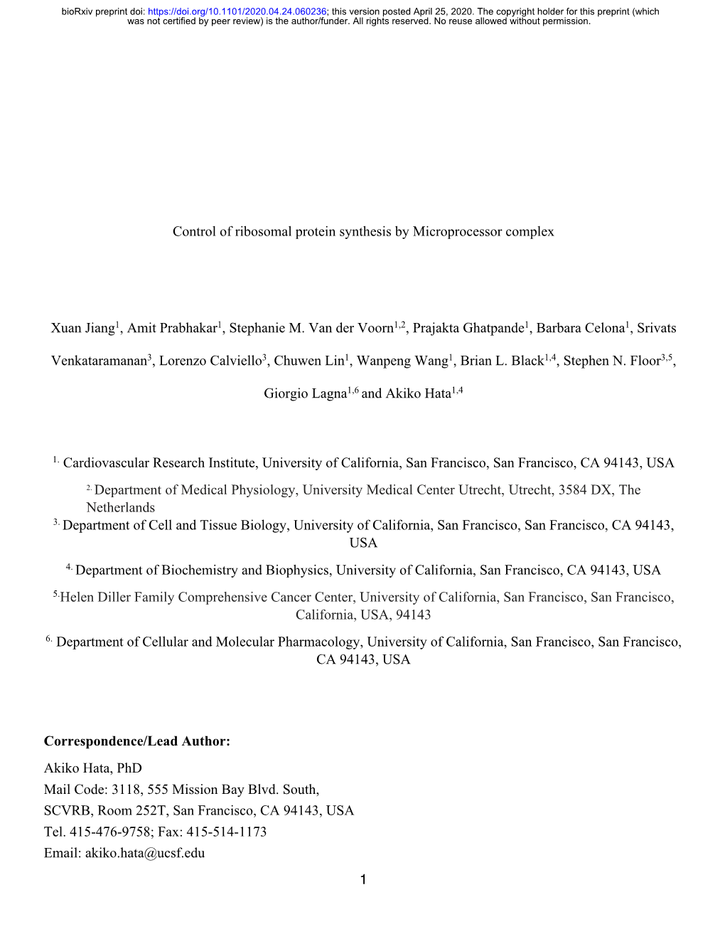 1 Control of Ribosomal Protein Synthesis By