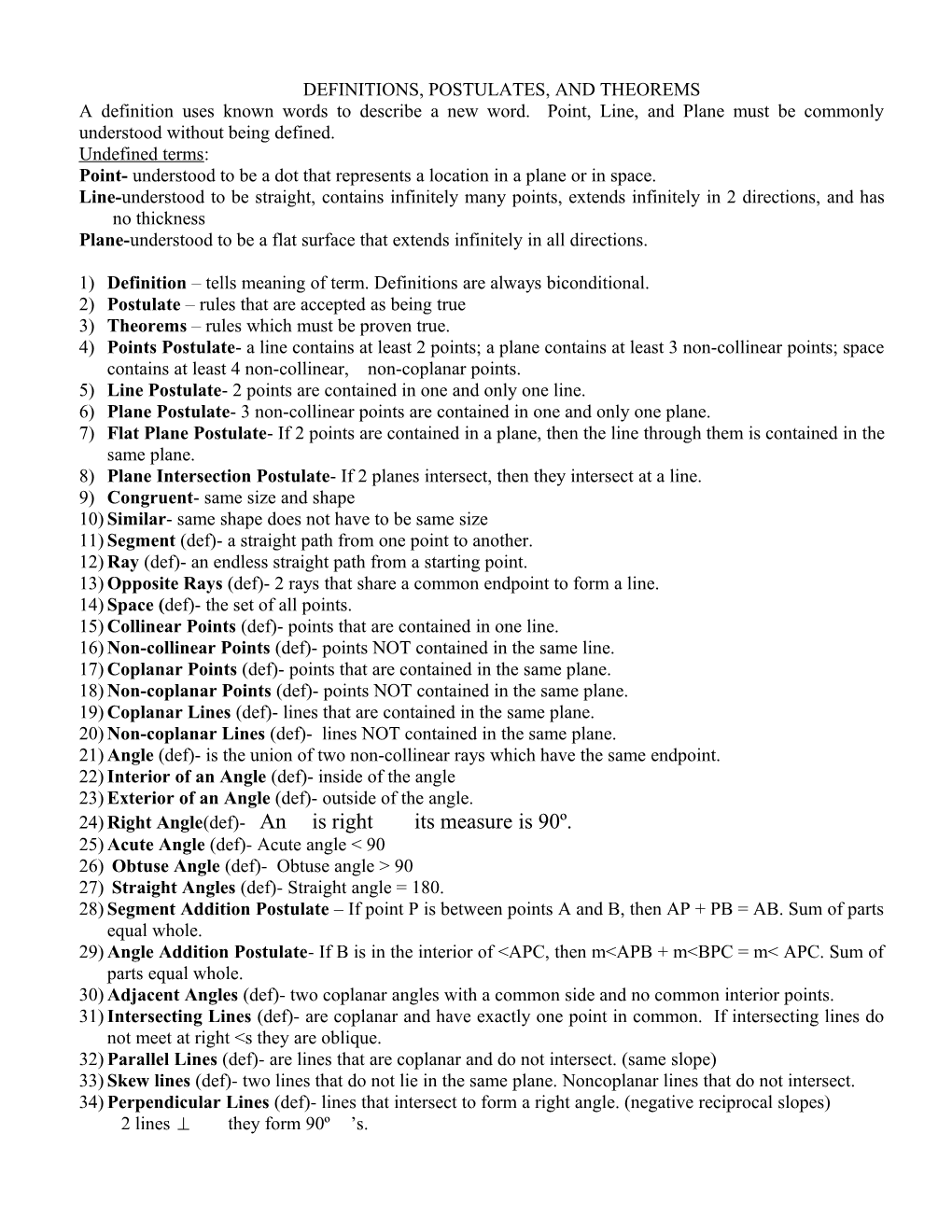 Definitions, Postulates, and Theorems