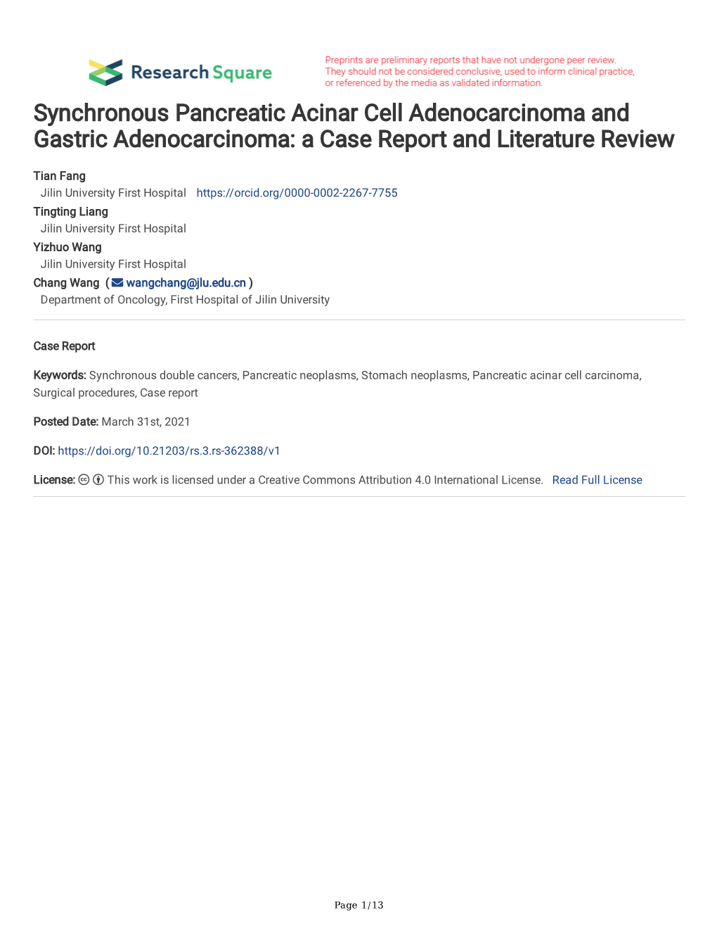 Synchronous Pancreatic Acinar Cell Adenocarcinoma and Gastric Adenocarcinoma: a Case Report and Literature Review