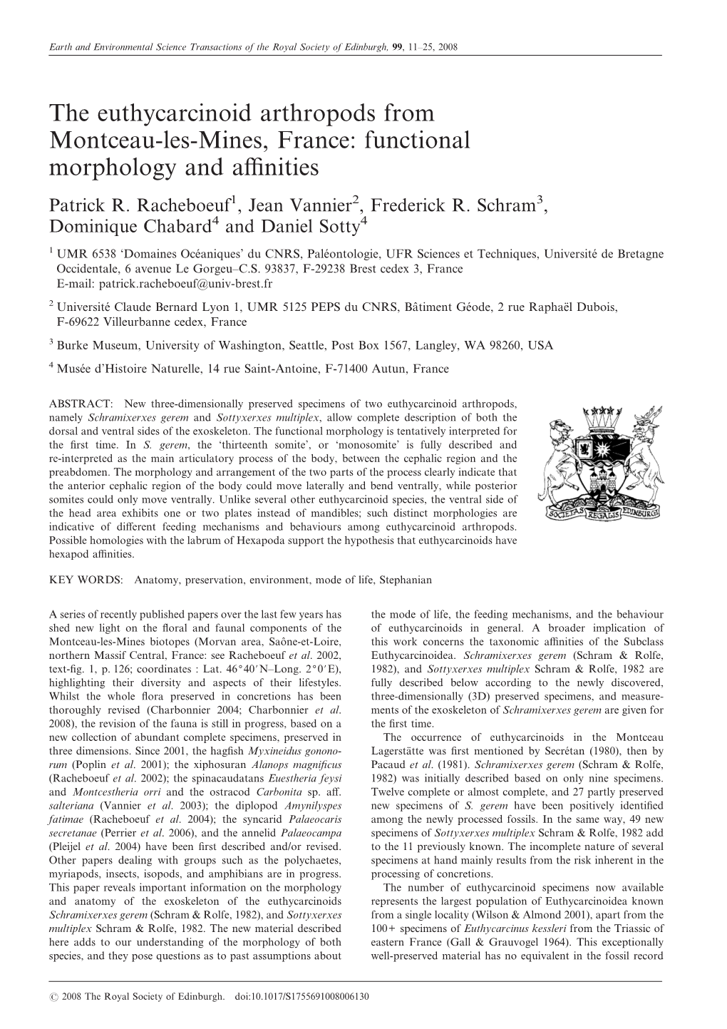 The Euthycarcinoid Arthropods from Montceau-Les-Mines, France: Functional Morphology and Affinities