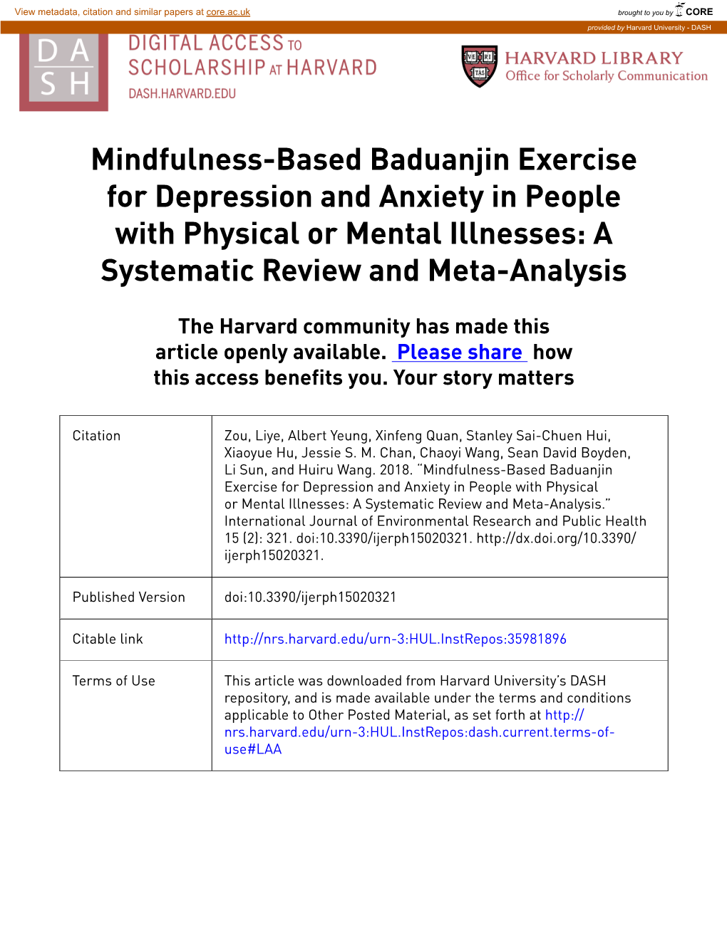 Mindfulness-Based Baduanjin Exercise for Depression and Anxiety in People with Physical Or Mental Illnesses: a Systematic Review and Meta-Analysis