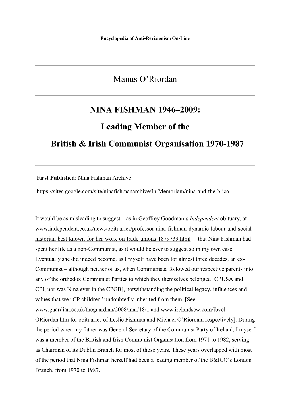 Manus O'riordan NINA FISHMAN 1946–2009: Leading Member of The