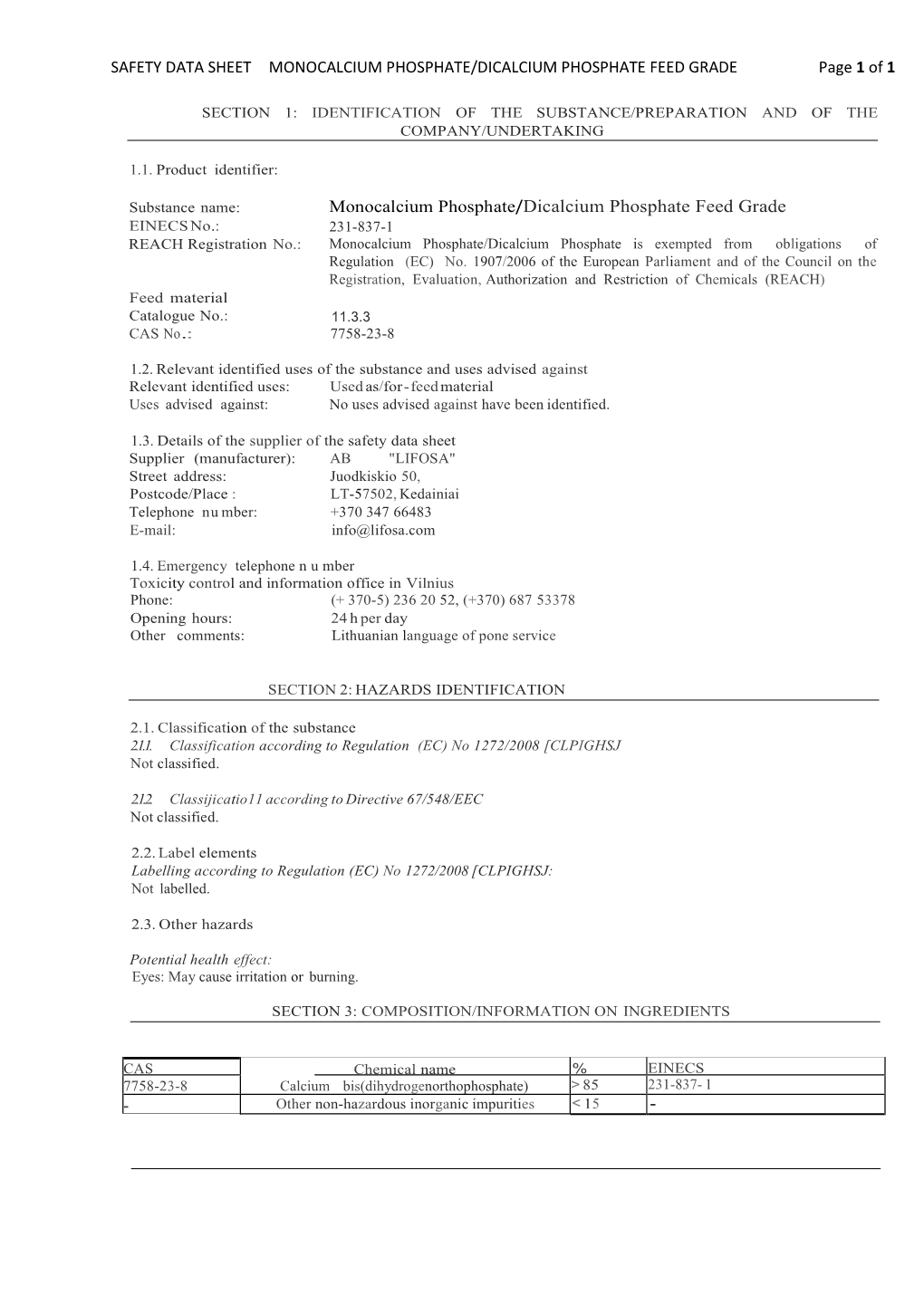 MONOCALCIUM PHOSPHATE/DICALCIUM PHOSPHATE FEED GRADE Page 1 of 1