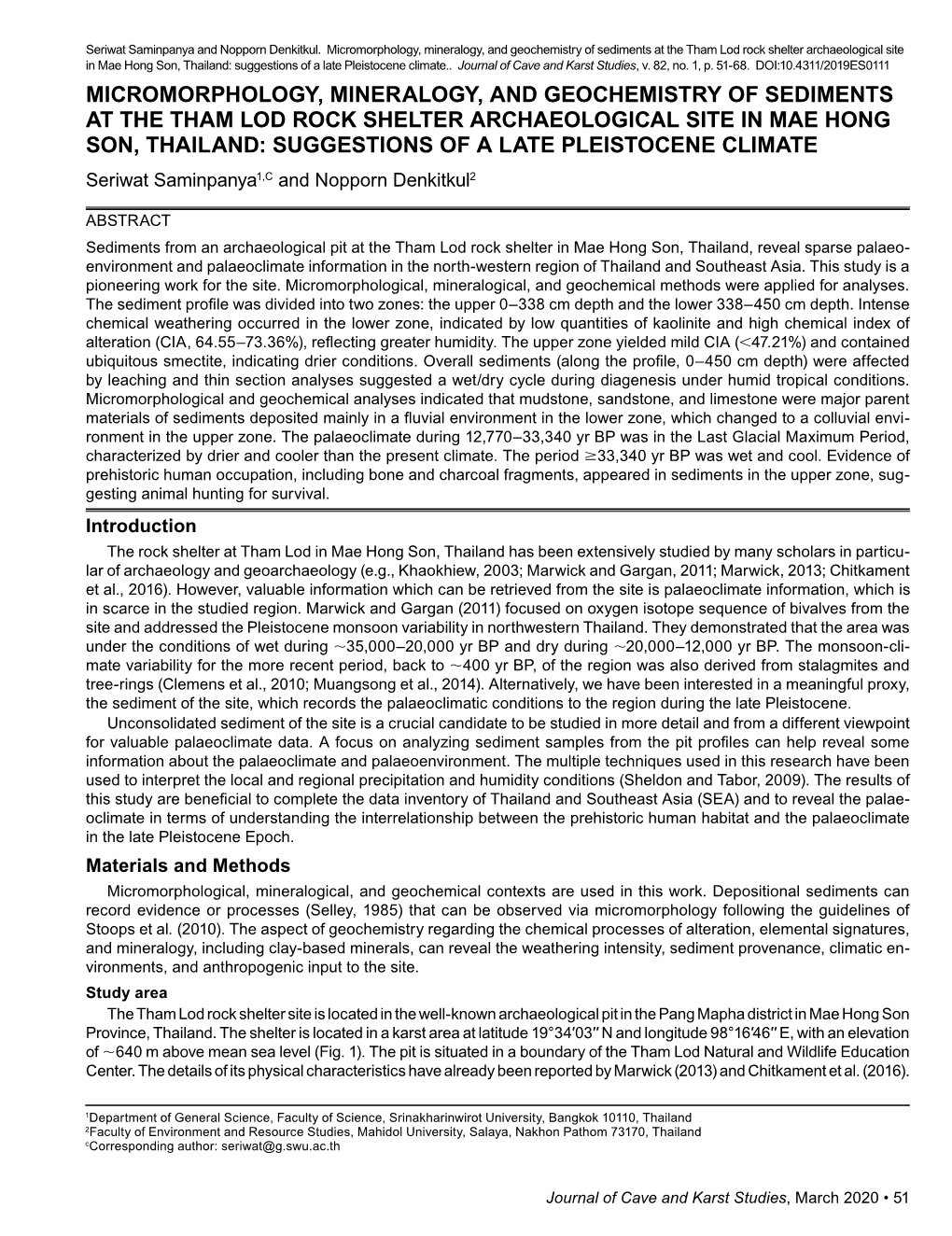 Micromorphology, Mineralogy, and Geochemistry of Sediments at the Tham Lod Rock Shelter Archaeological Site in Mae Hong Son