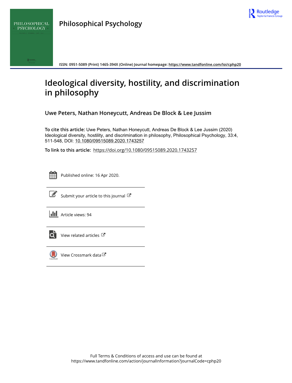 Ideological Diversity, Hostility, and Discrimination in Philosophy