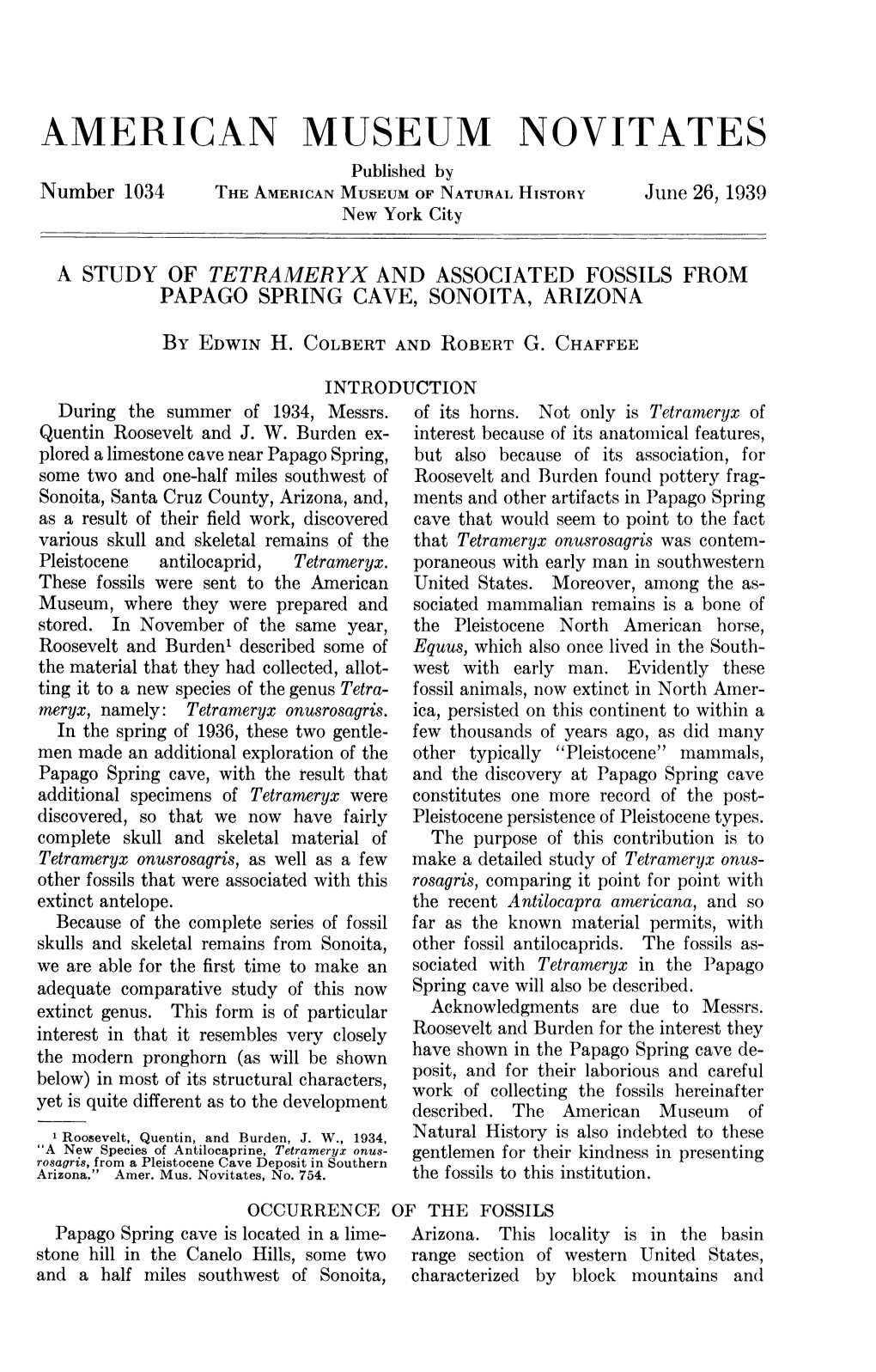 AAMERICAN MUSEUM NOVITATES Published by Number 1034 the AMERICAN MUSEUM of NATURAL HISTORY June 26, 1939 New York City