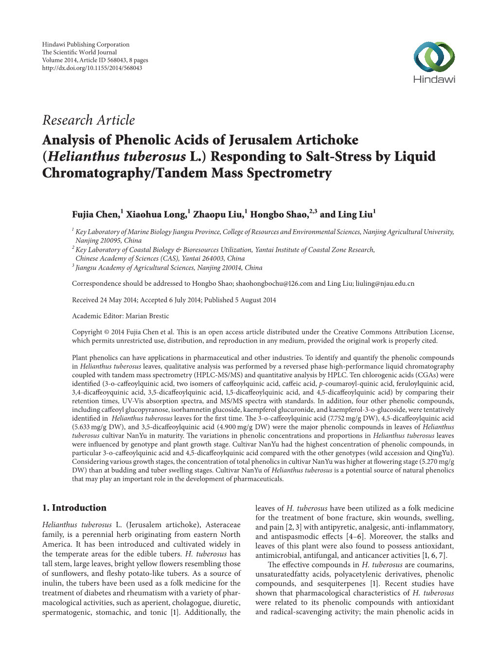 Analysis of Phenolic Acids of Jerusalem Artichoke (Helianthus Tuberosus L.) Responding to Salt-Stress by Liquid Chromatography/Tandem Mass Spectrometry