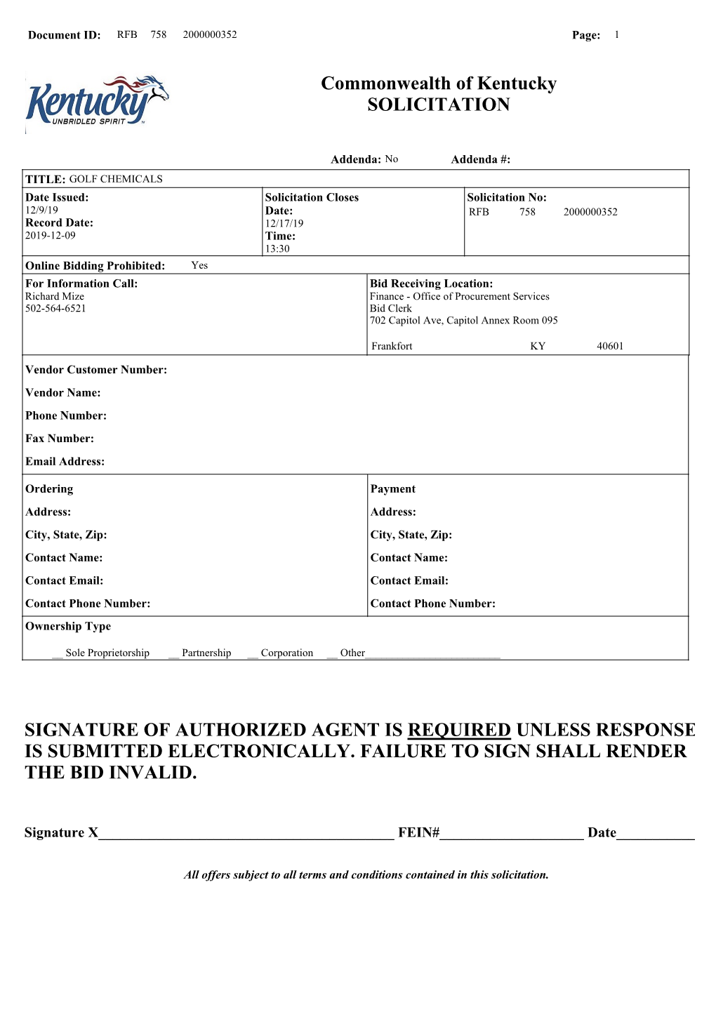 Commonwealth of Kentucky SOLICITATION SIGNATURE OF