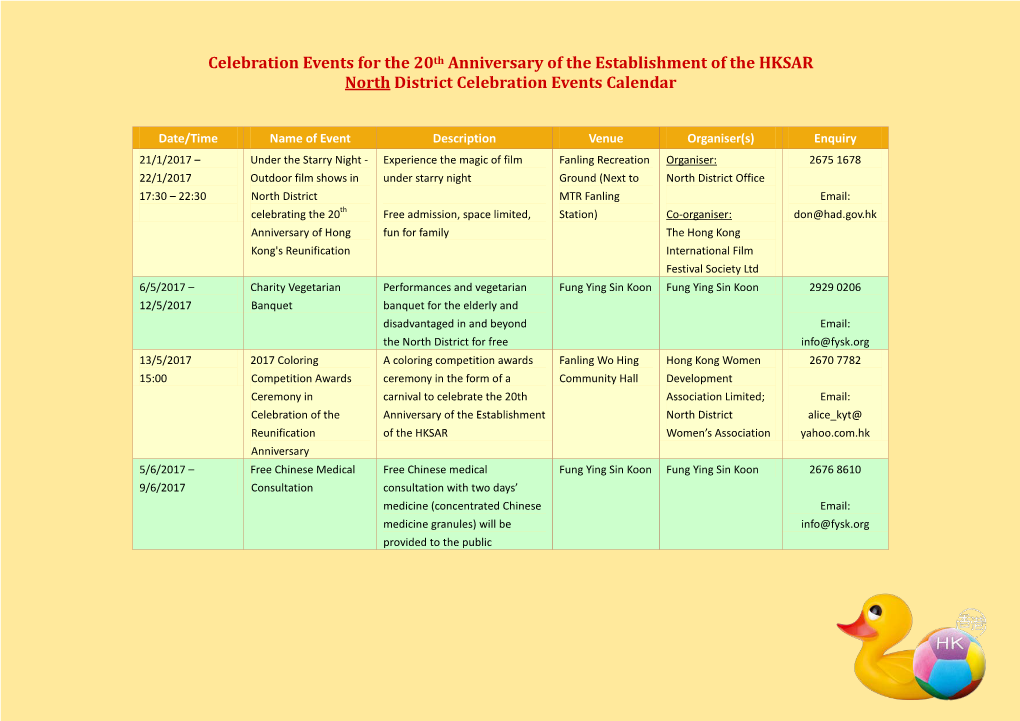 North District Celebration Events Calendar