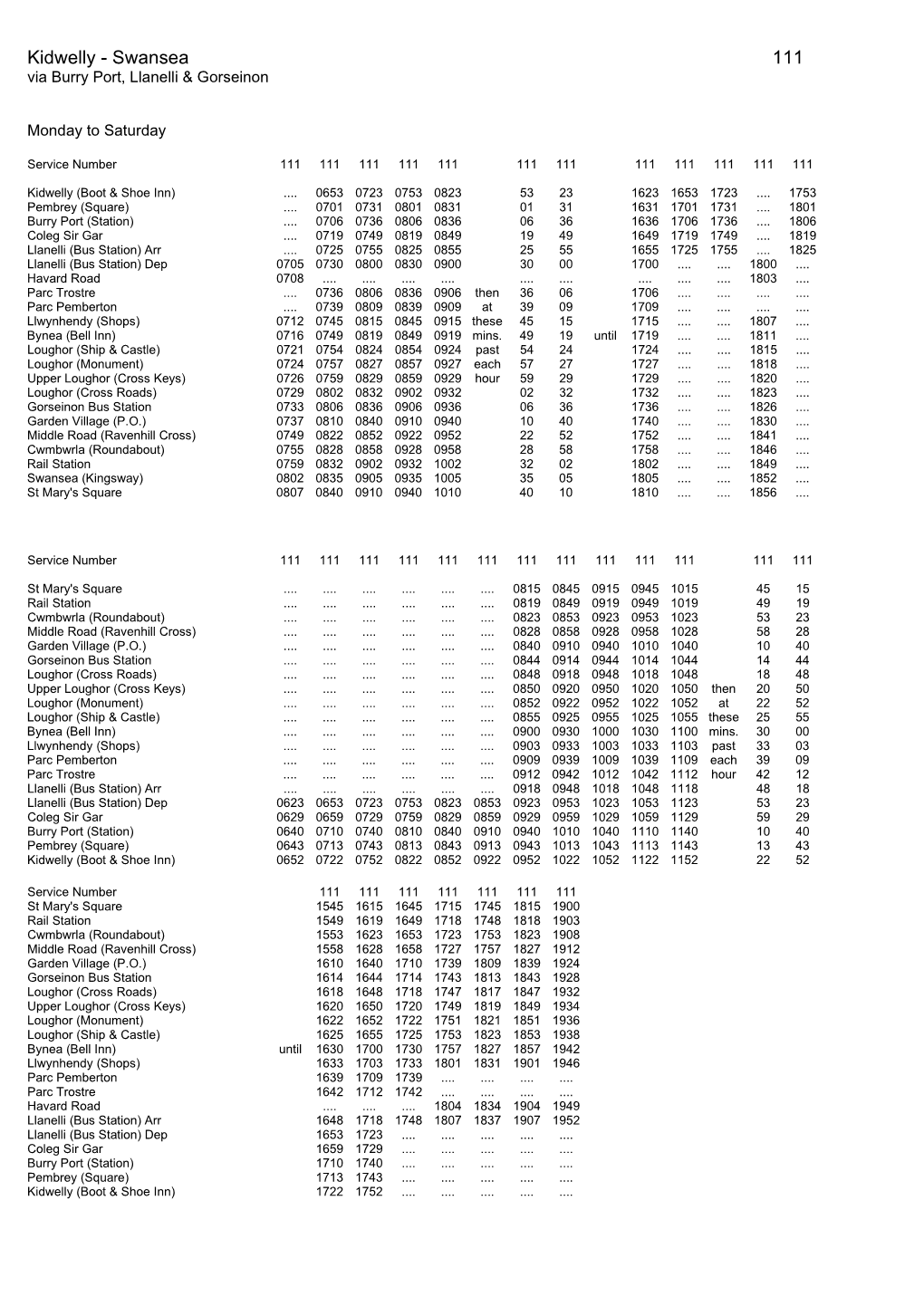 Swansea 111 Via Burry Port, Llanelli & Gorseinon