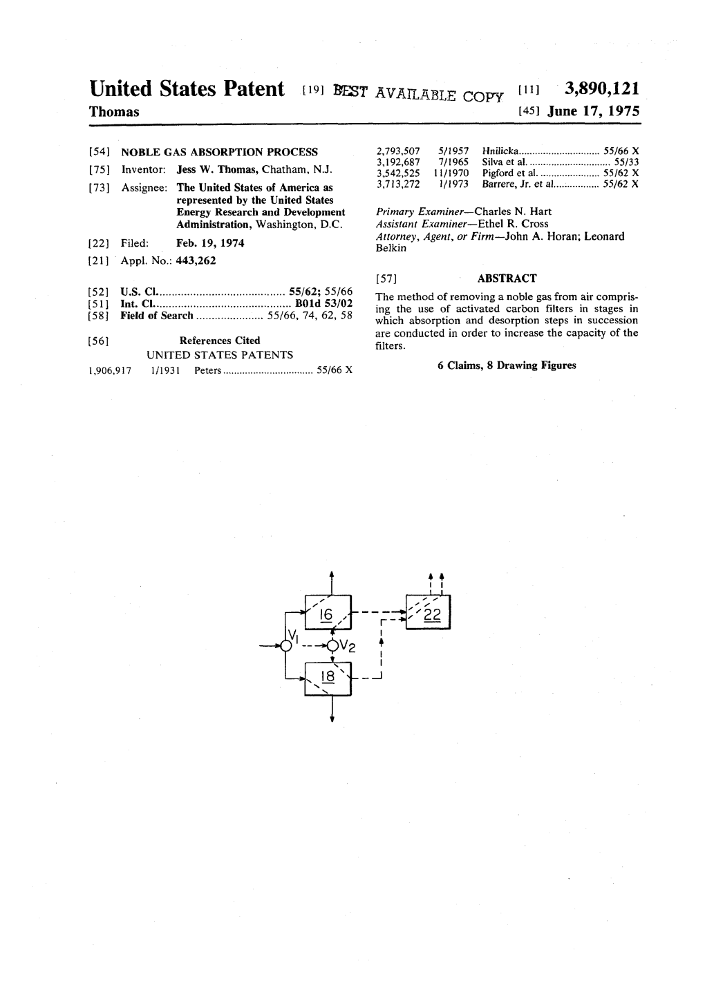 NOBLE GAS ABSORPTION PROCESS 2,793,507 5/1957 Hnilicka 55/66 X 3,192,687 7/1965 Silva Et Al 55/33 [75] Inventor: Jess W