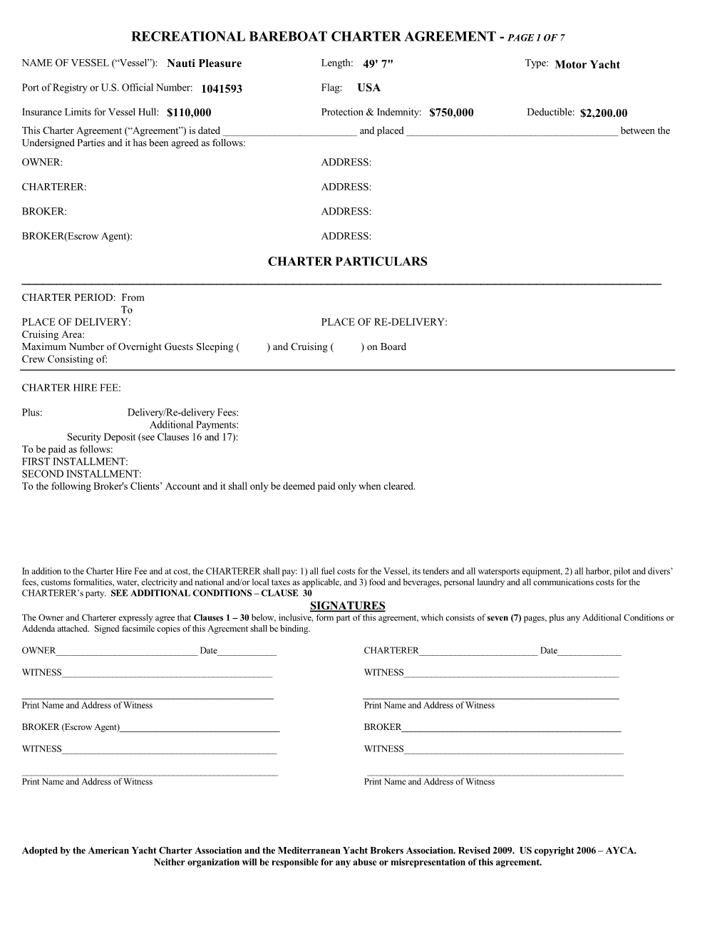 Recreational Bareboat Charter Agreement - Page 1 of 7