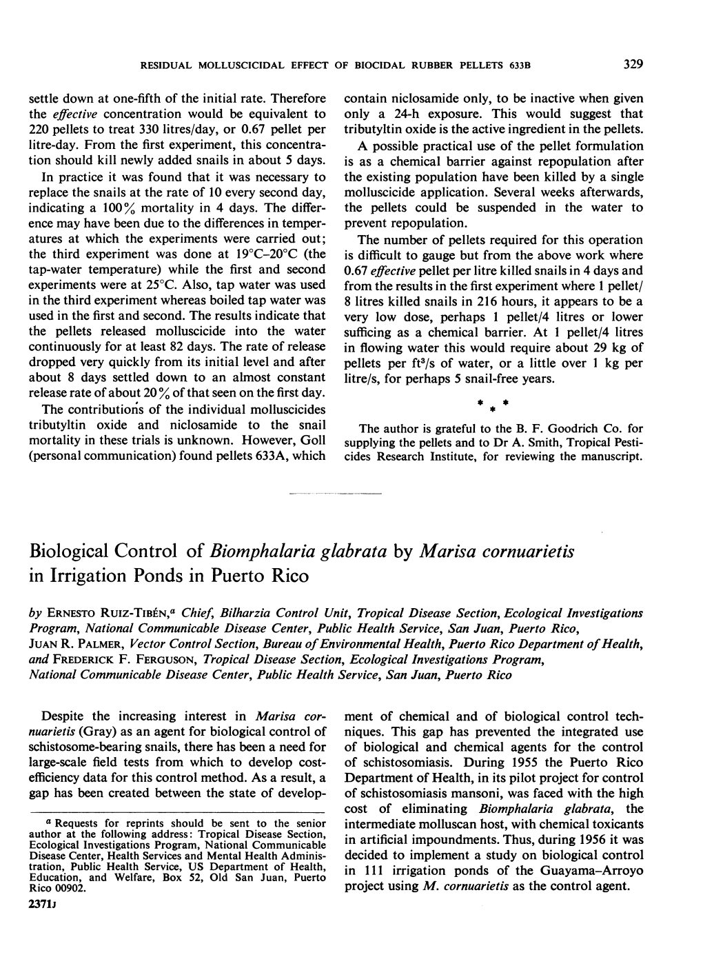 Biological Control of Biomphalaria Glabrata by Marisa Cornuarietis In