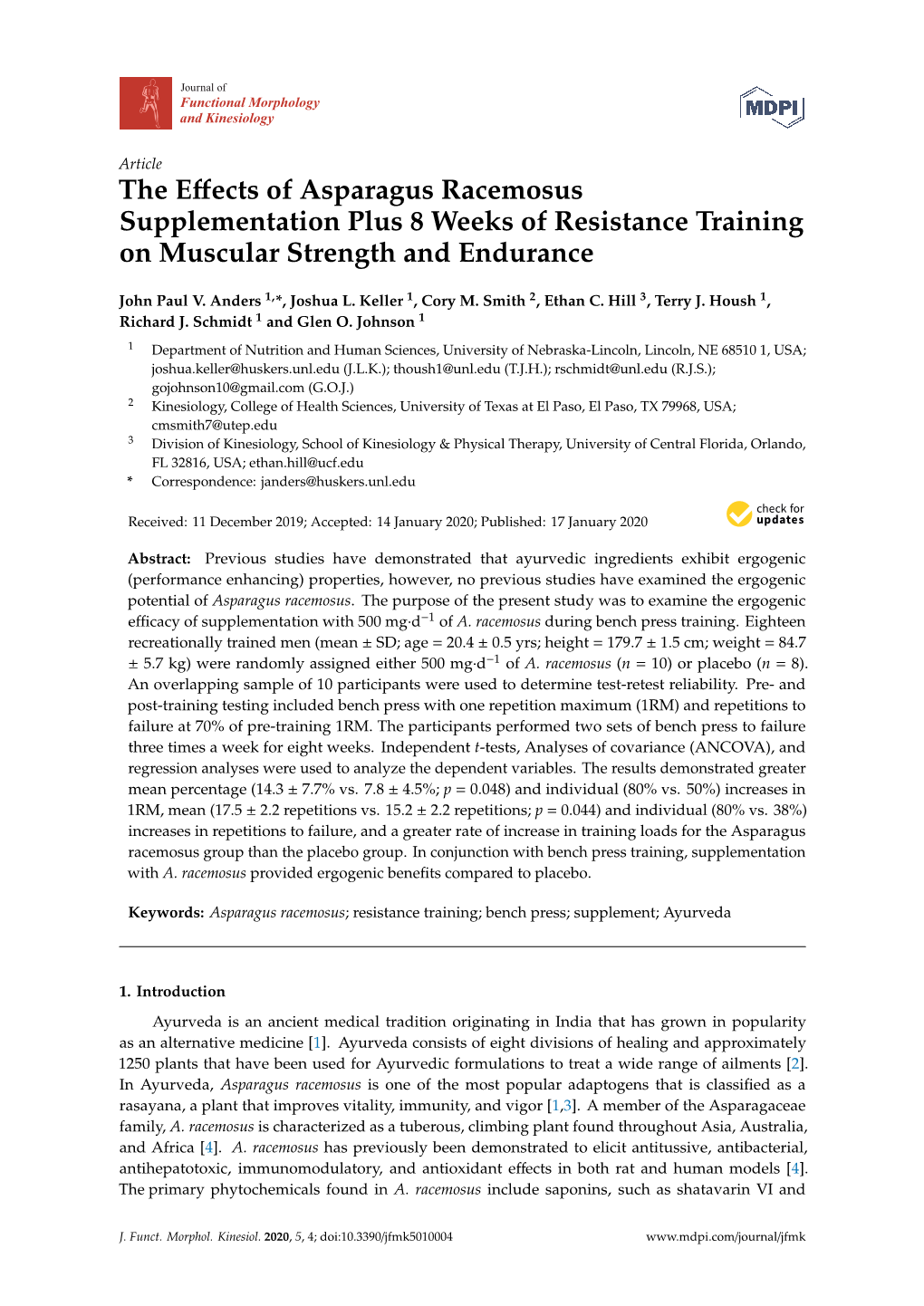 The Effects of Asparagus Racemosus Supplementation Plus 8 Weeks Of