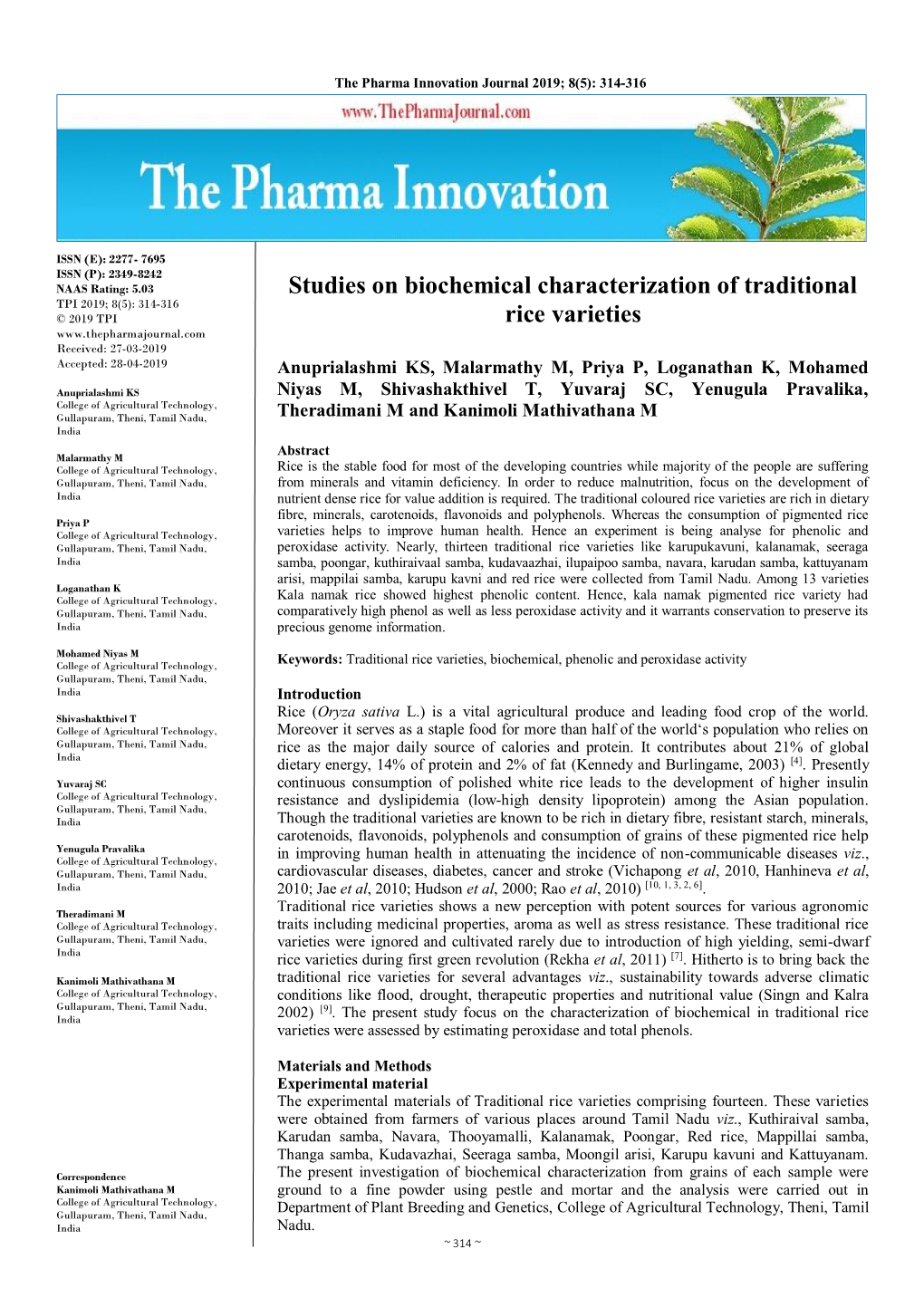 Studies on Biochemical Characterization of Traditional Rice