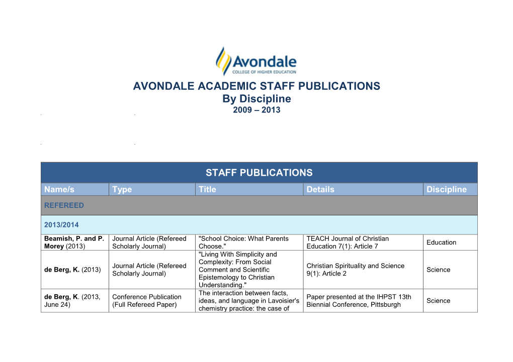 AVONDALE ACADEMIC STAFF PUBLICATIONS by Discipline 2009 – 2013