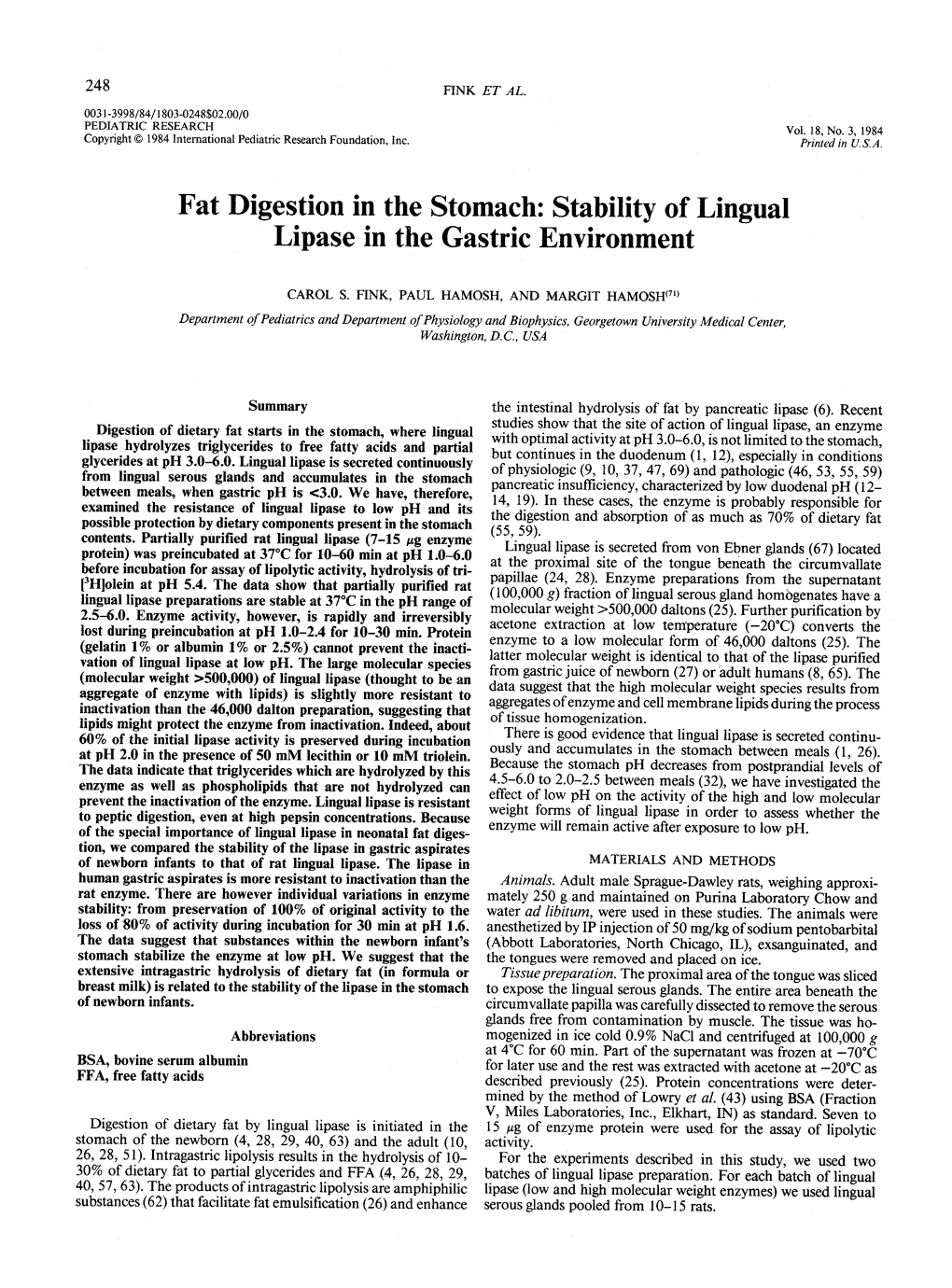 Fat Digestion in the Stomach: Stability of Lingual Lipase in the Gastric Environment