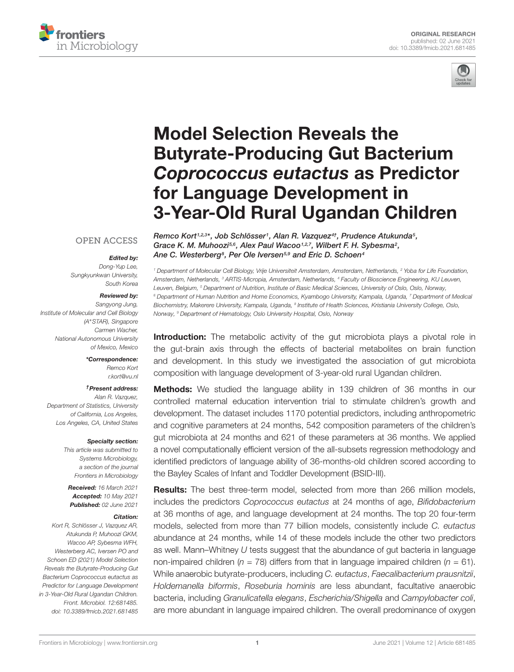 Model Selection Reveals the Butyrate-Producing Gut Bacterium Coprococcus Eutactus As Predictor for Language Development in 3-Year-Old Rural Ugandan Children