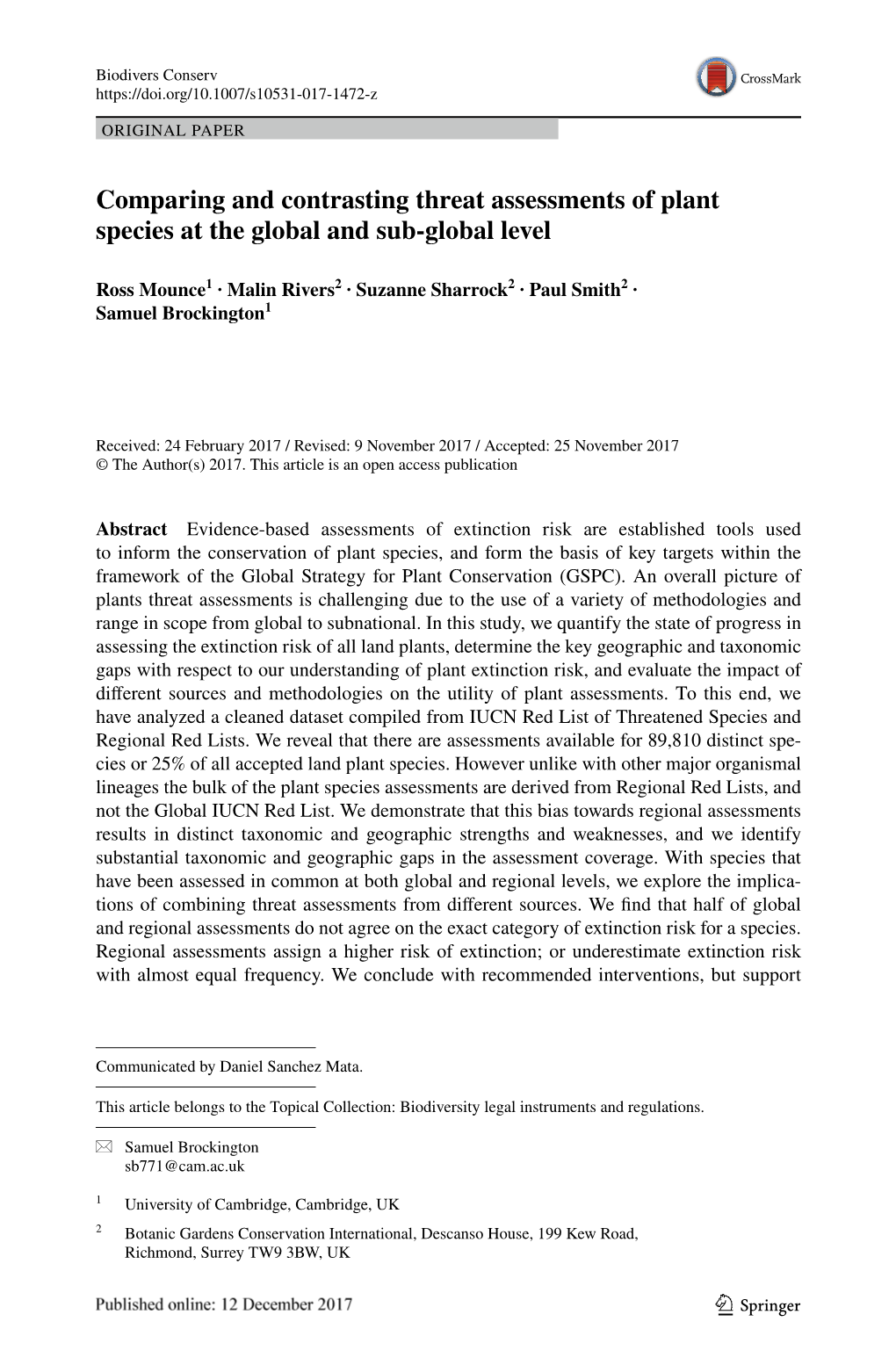 Comparing and Contrasting Threat Assessments of Plant Species at the Global and Sub‑Global Level