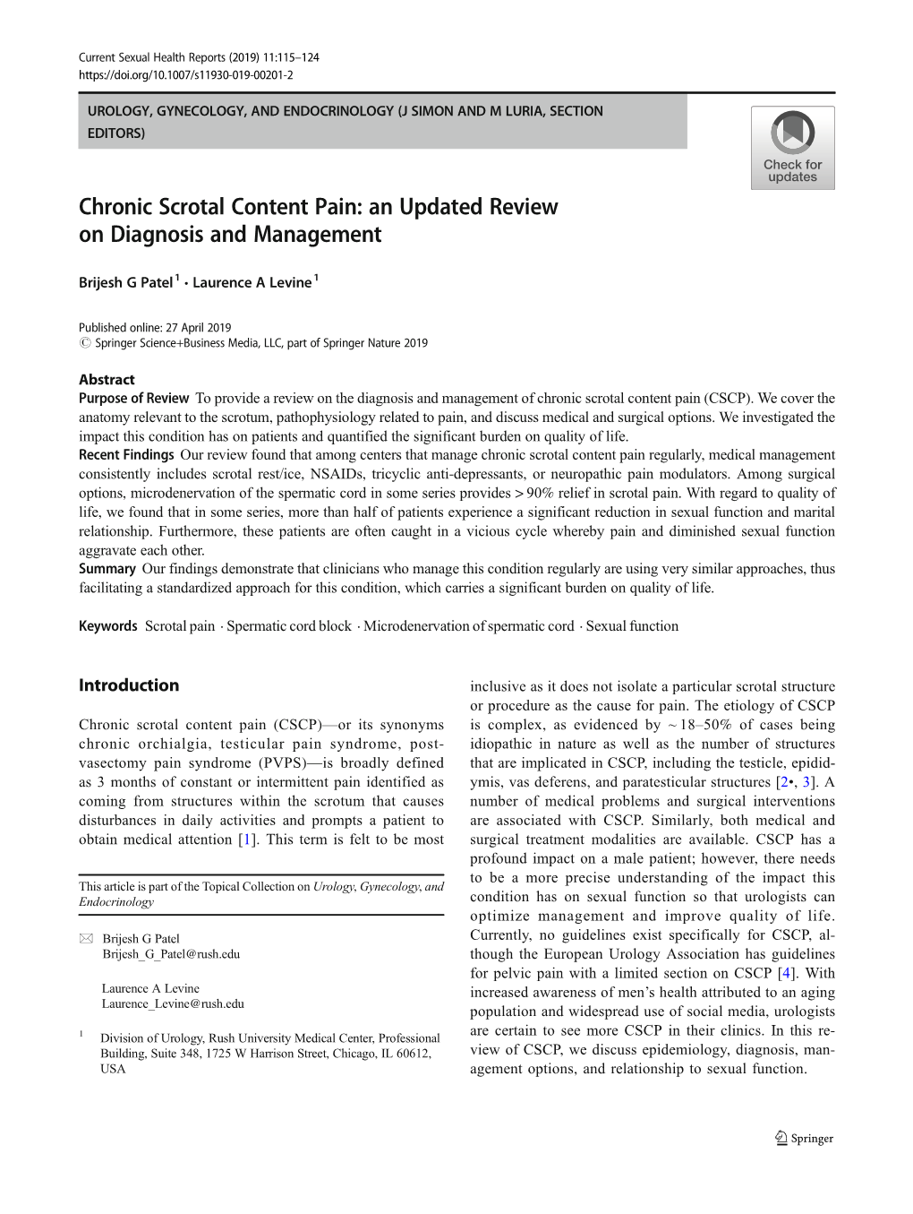 Chronic Scrotal Content Pain: an Updated Review on Diagnosis and Management