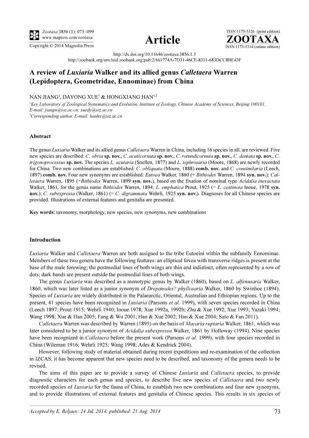 A Review of Luxiaria Walker and Its Allied Genus Calletaera Warren (Lepidoptera, Geometridae, Ennominae) from China