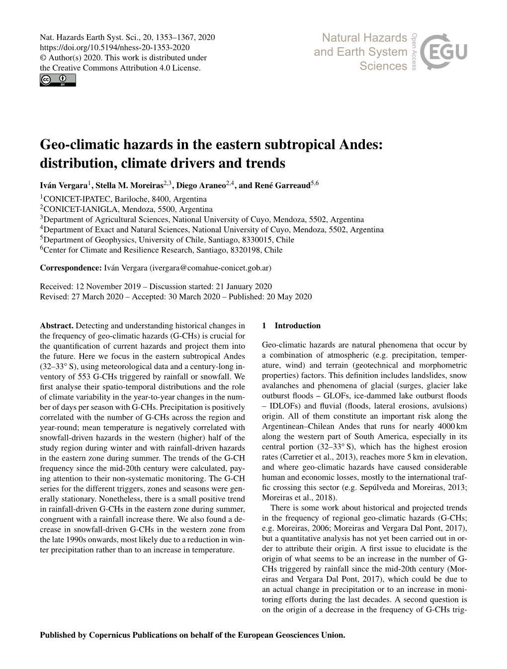 Geo-Climatic Hazards in the Eastern Subtropical Andes: Distribution, Climate Drivers and Trends