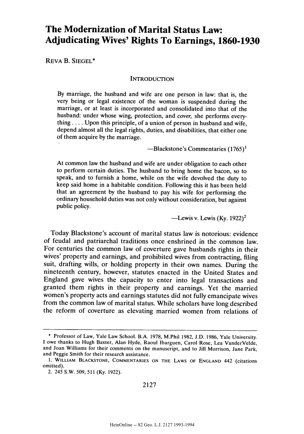 The Modernization of Marital Status Law: Adjudicating Wives' Rights to Earnings, 1860-1930